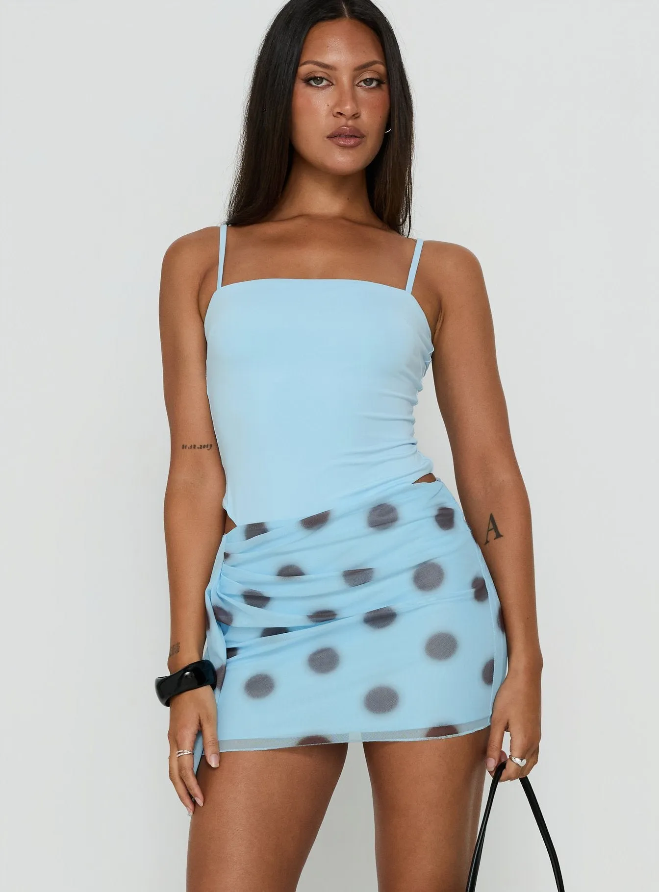 Cosmina Sarong Mini Dress Blurred Blue Polka Dot sold by Princess Polly