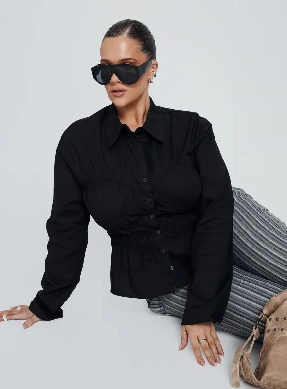 Liesel Shirred Long Sleeve Top Black Curve made by Princess Polly