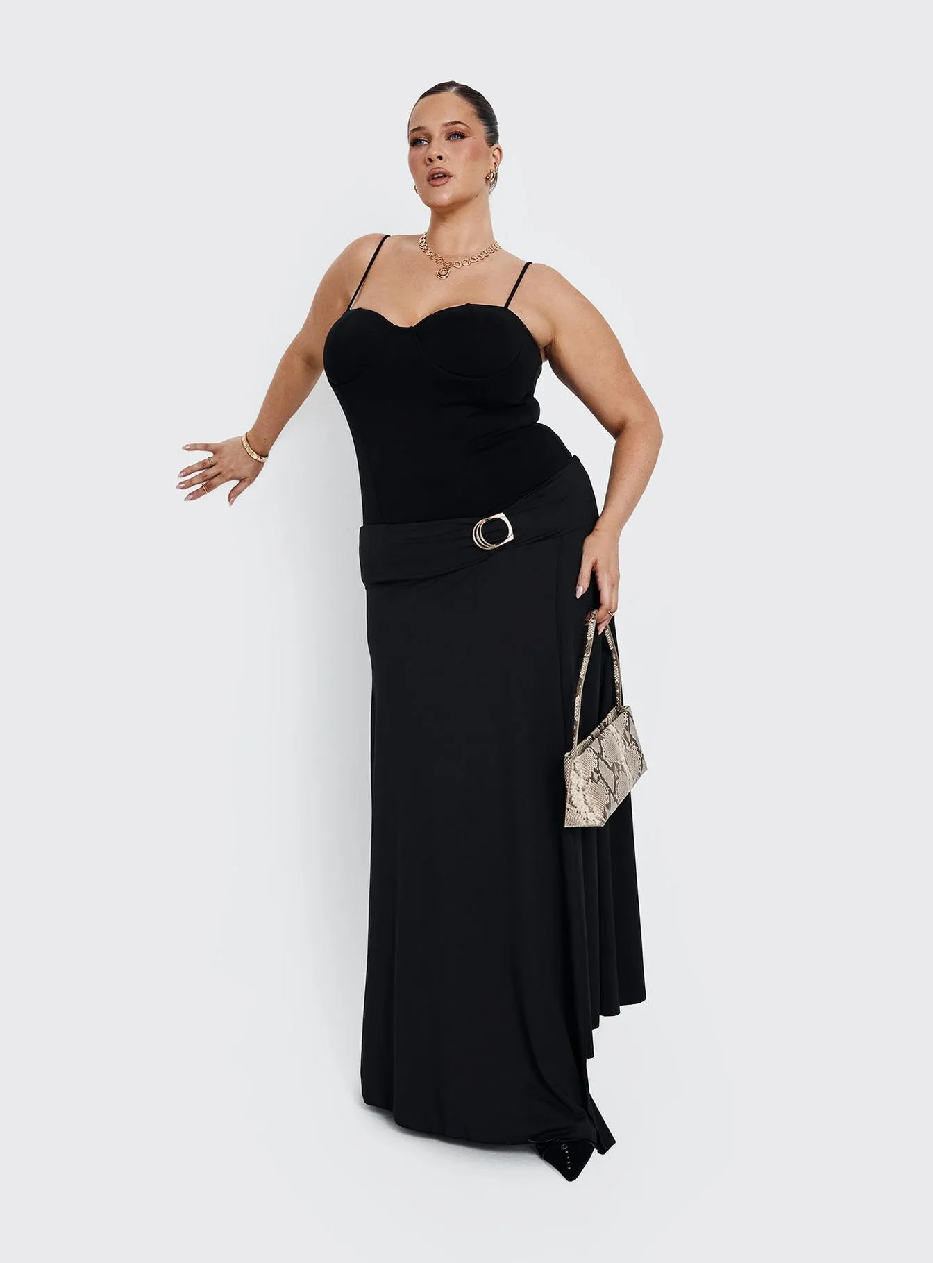 Nola Hardware Slit Maxi Skirt Black Curve sold by Princess Polly