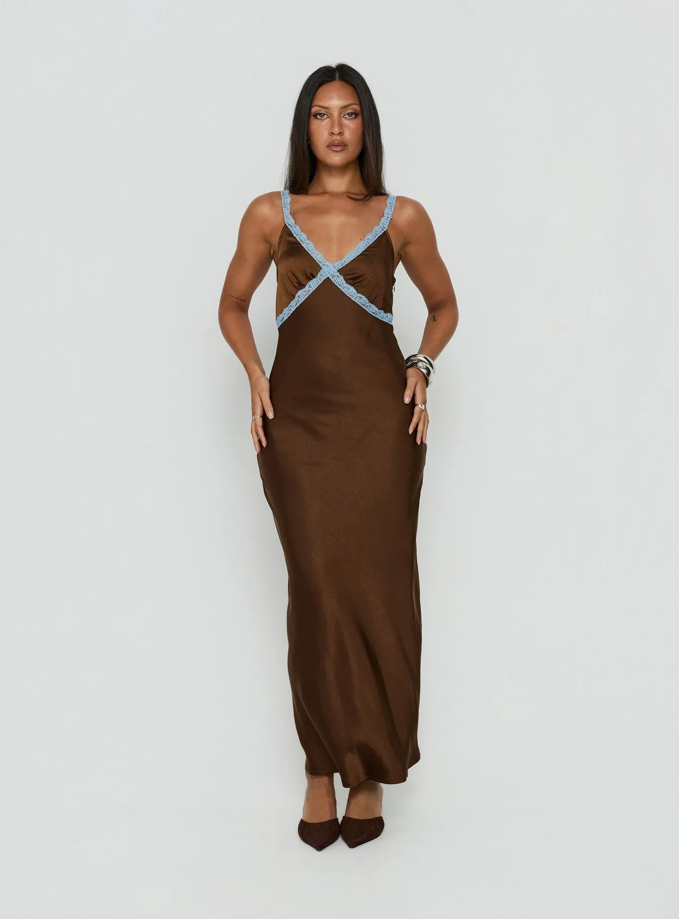Carletta Lace Contrast Maxi Dress Brown / Blue sold by Princess Polly