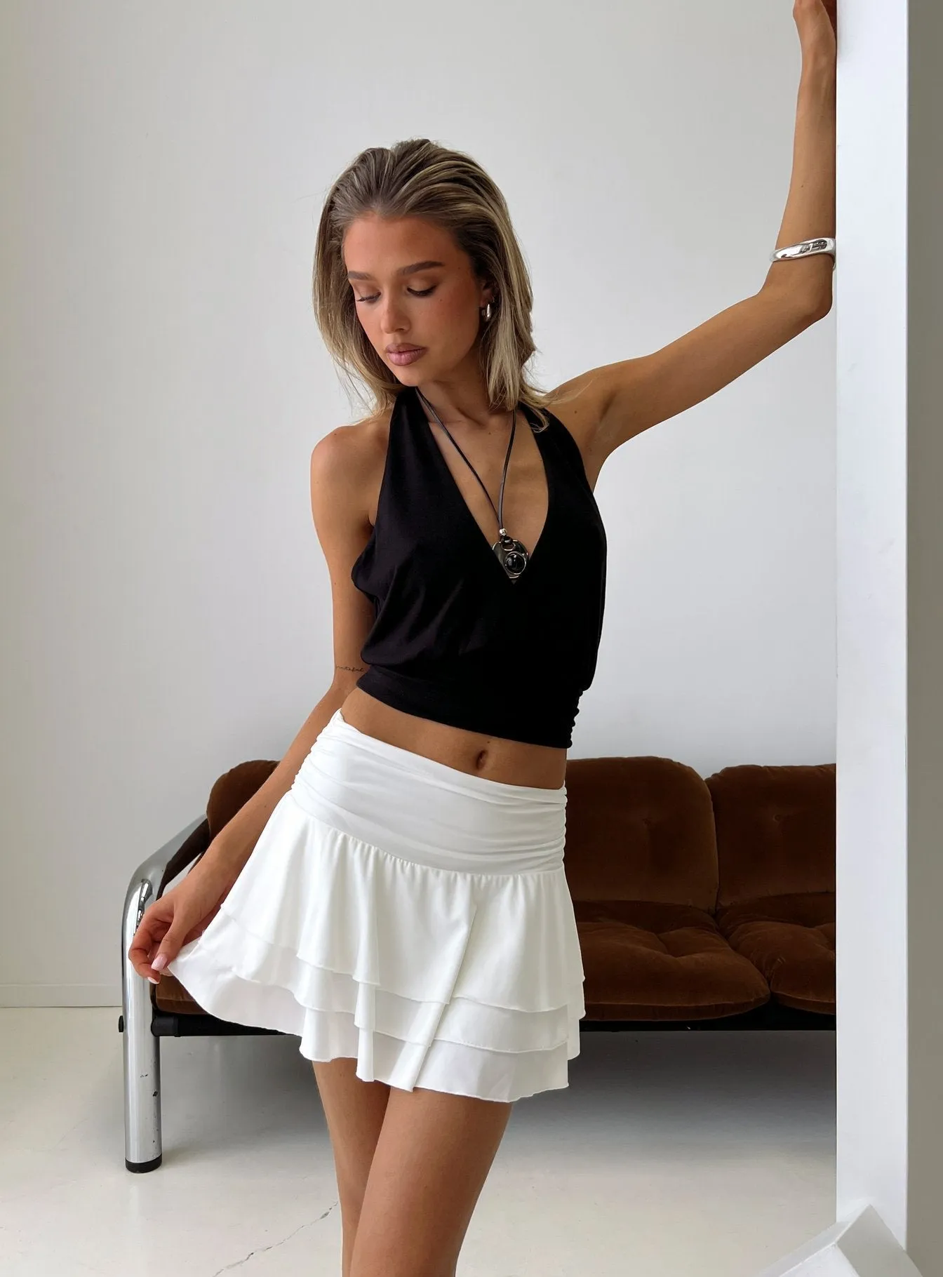 Kaelina Ruched Frill Skort White sold by Princess Polly