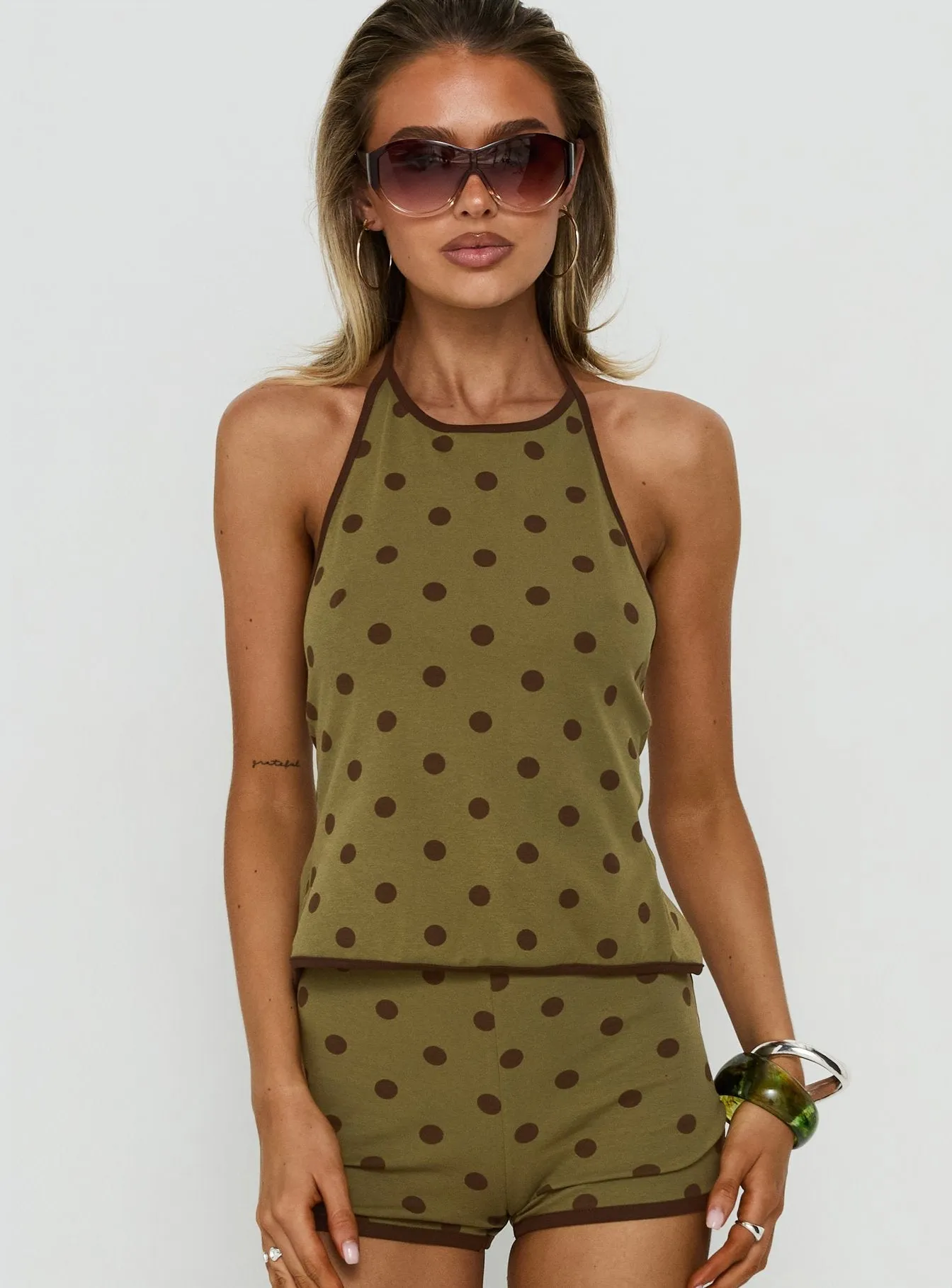 Speranza High Neck Halter Top Green Polka Dot sold by Princess Polly product image thumbnail 2