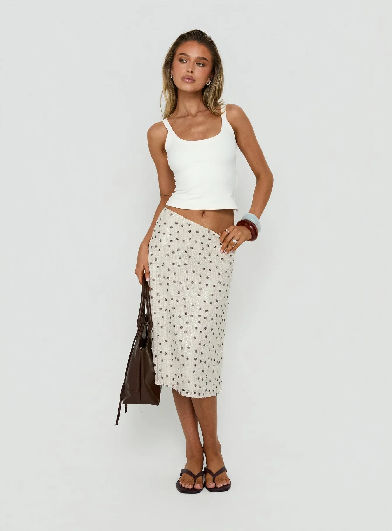 Olila Sequin Midi Skirt White Polka Dot sold by Princess Polly product image thumbnail 3