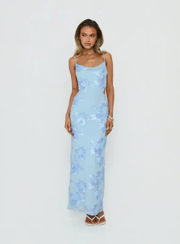 Angel Voices Cowl Neck Maxi Dress Blue Burnout made by Princess Polly