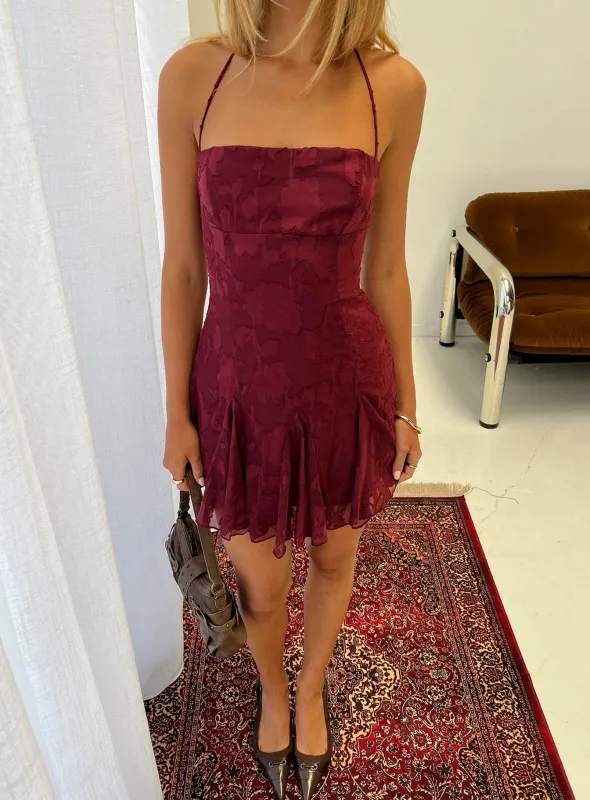 Delamere Mini Dress Burgundy Burnout made by Princess Polly