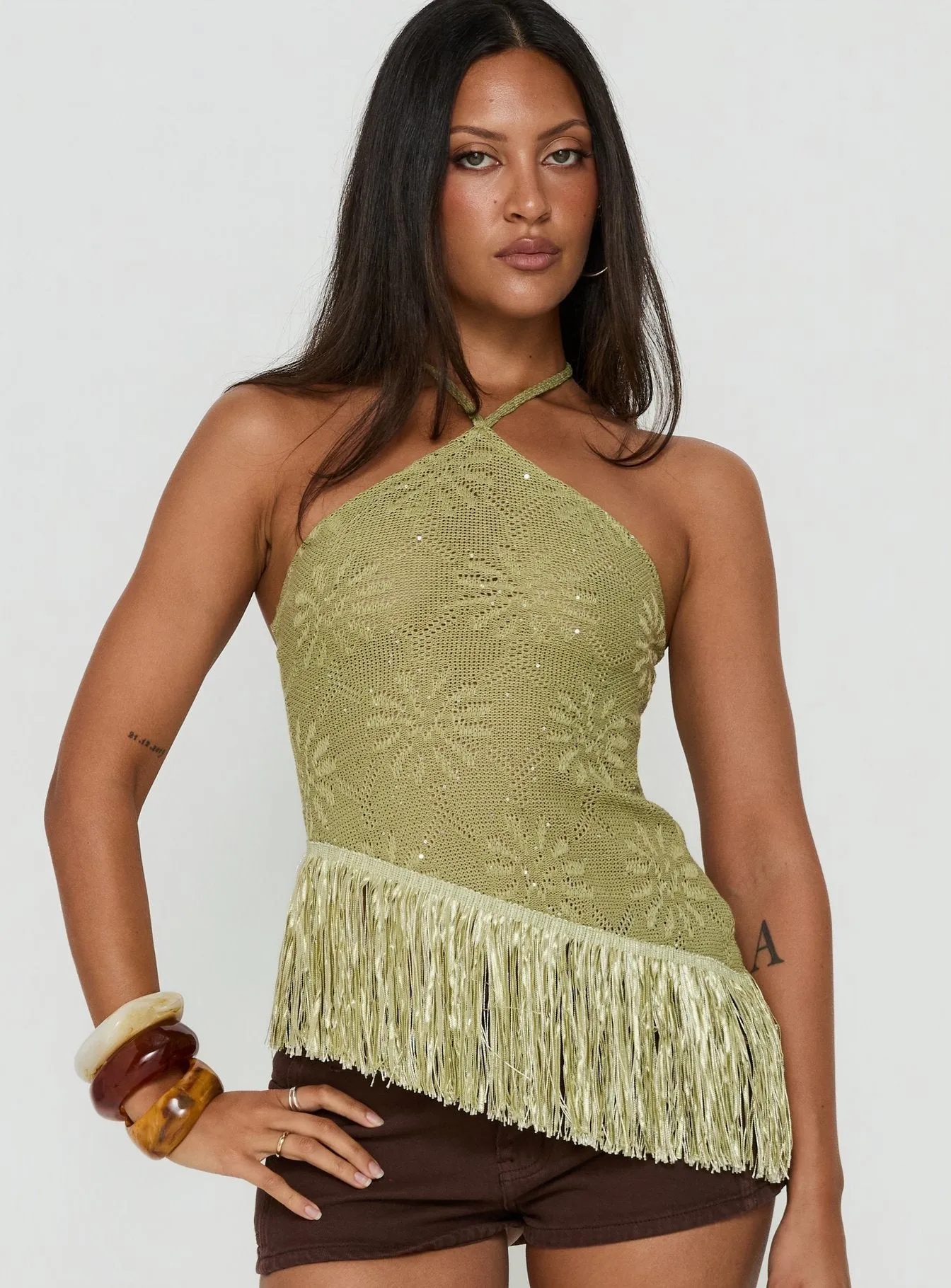 Masina Arrowneck Fringe Detail Top Green sold by Princess Polly product image thumbnail 2