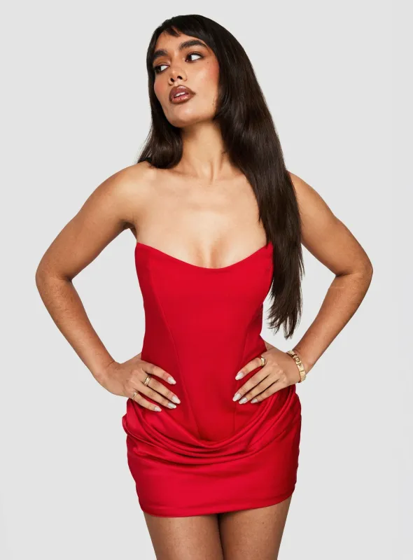 Delmina Strapless Drop Waist Satin Mini Dress Red made by Princess Polly