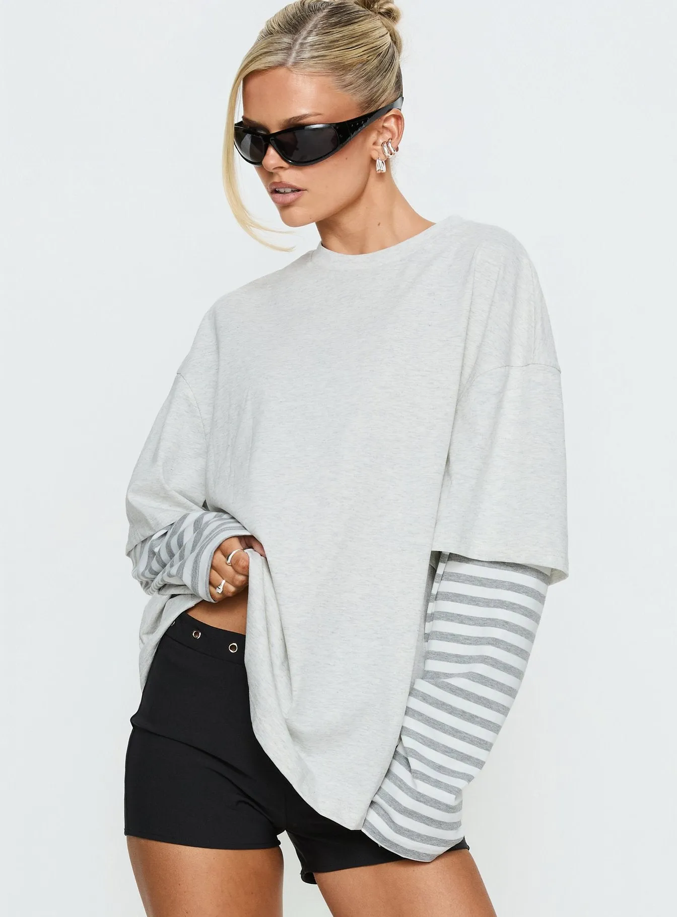 Ryann Long Sleeve Layered Top Grey / White Stripe sold by Princess Polly product image thumbnail 2