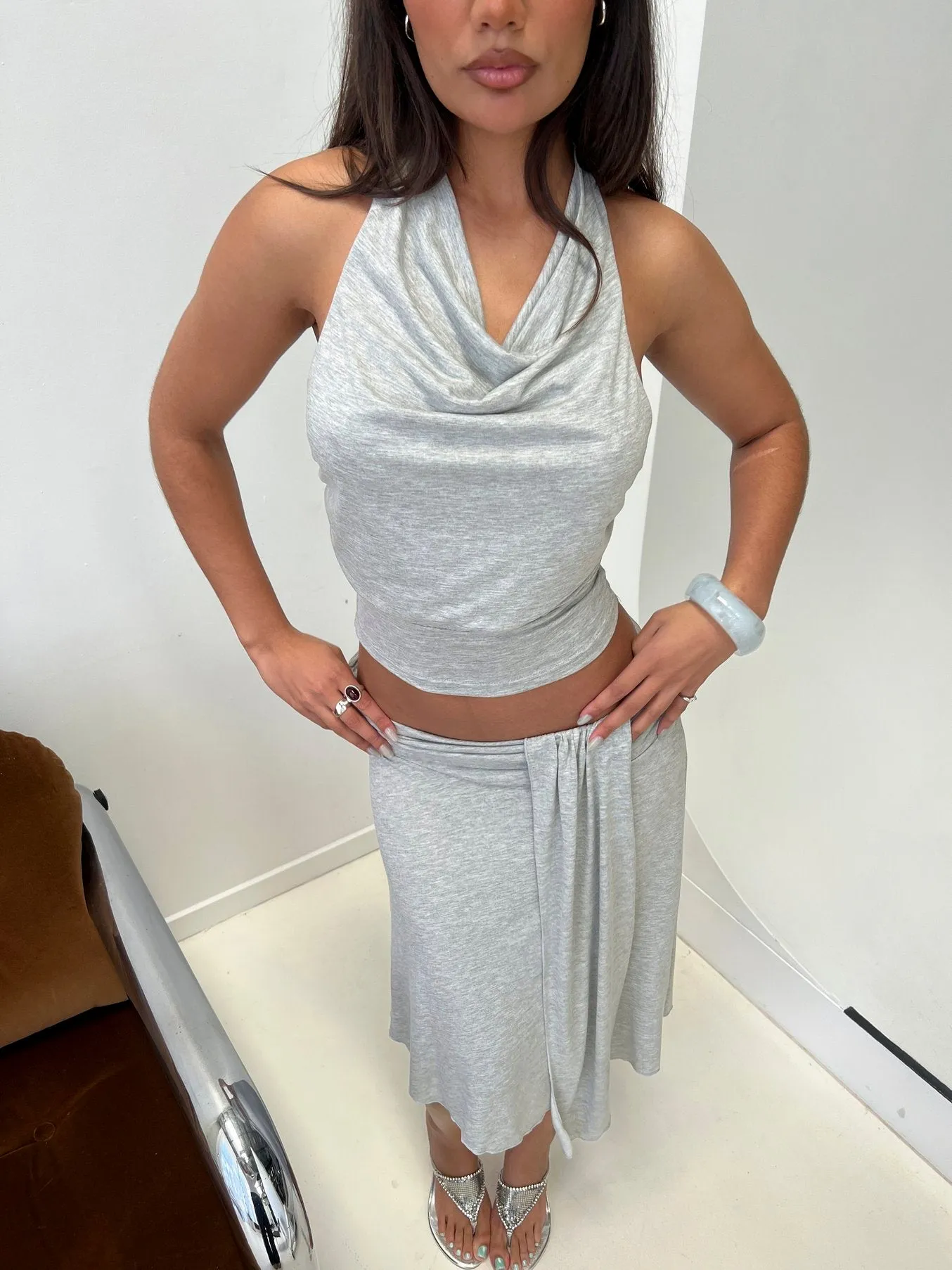 Adreana Halter Jersey Top Grey Marle sold by Princess Polly