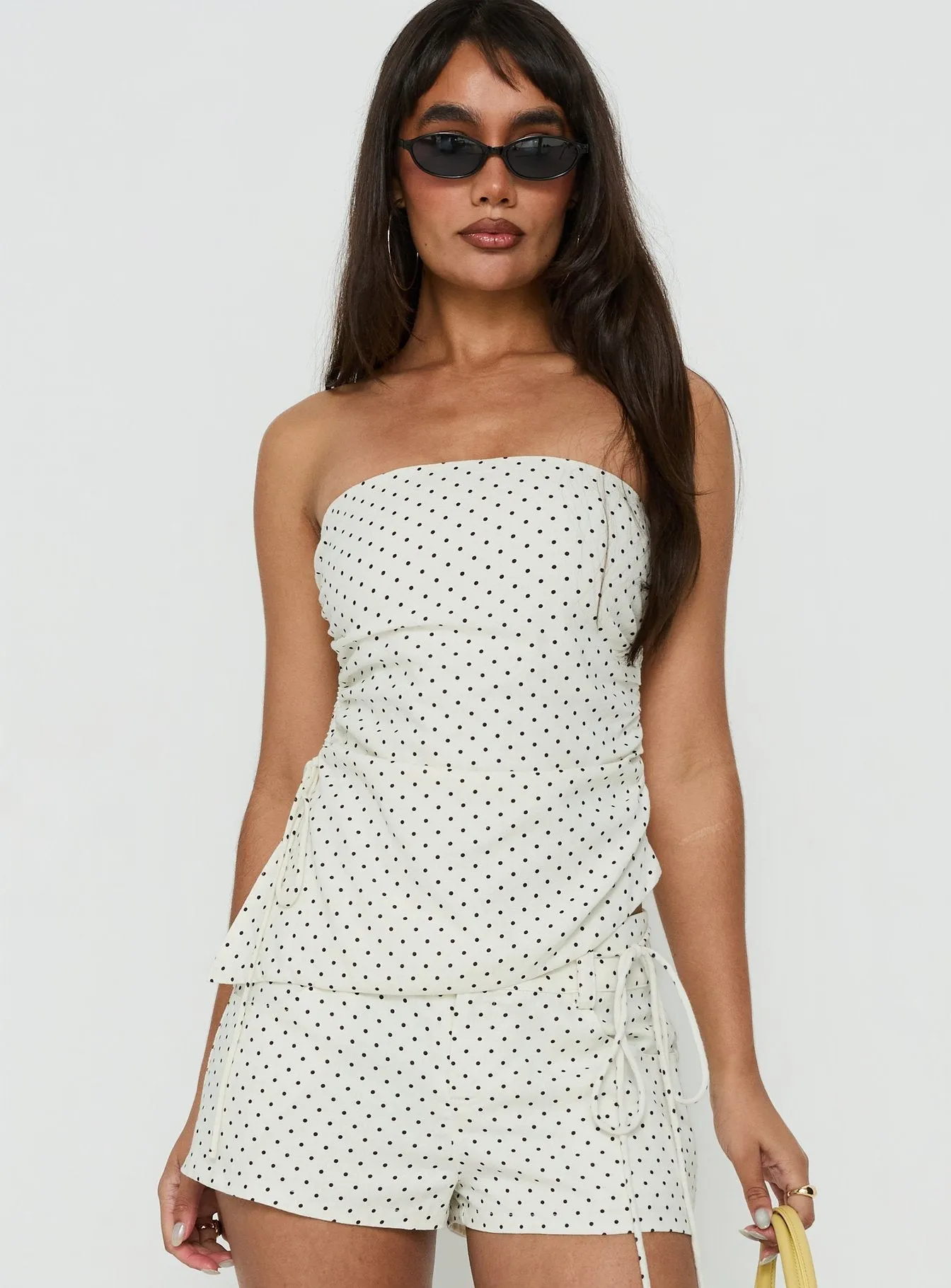 Defined Strapless Gathered Linen Blend Top Cream Polka Dot sold by Princess Polly product image thumbnail 2
