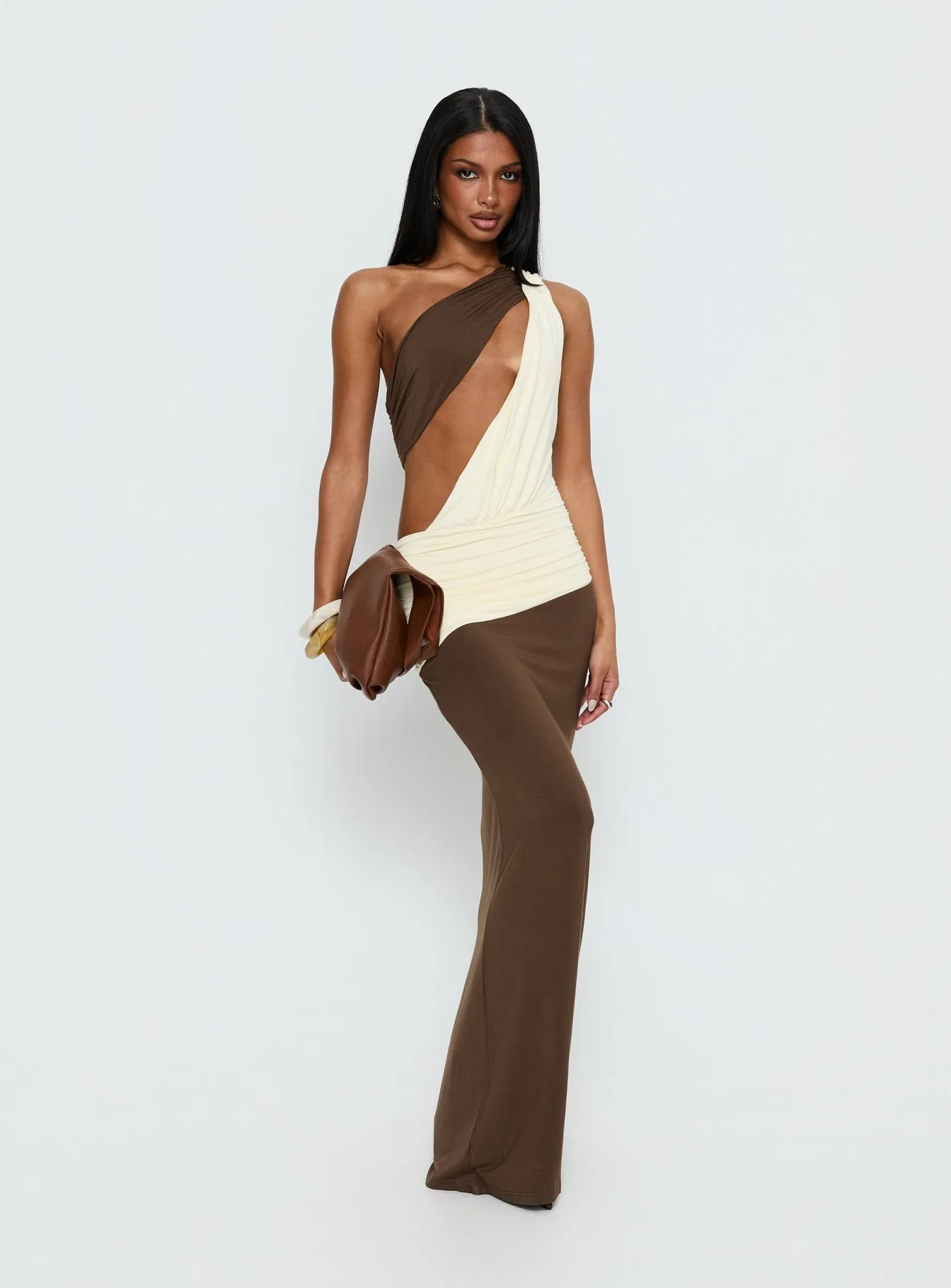 Loletta Draped One Shoulder Maxi Dress Chocolate / Yellow sold by Princess Polly product image thumbnail 3