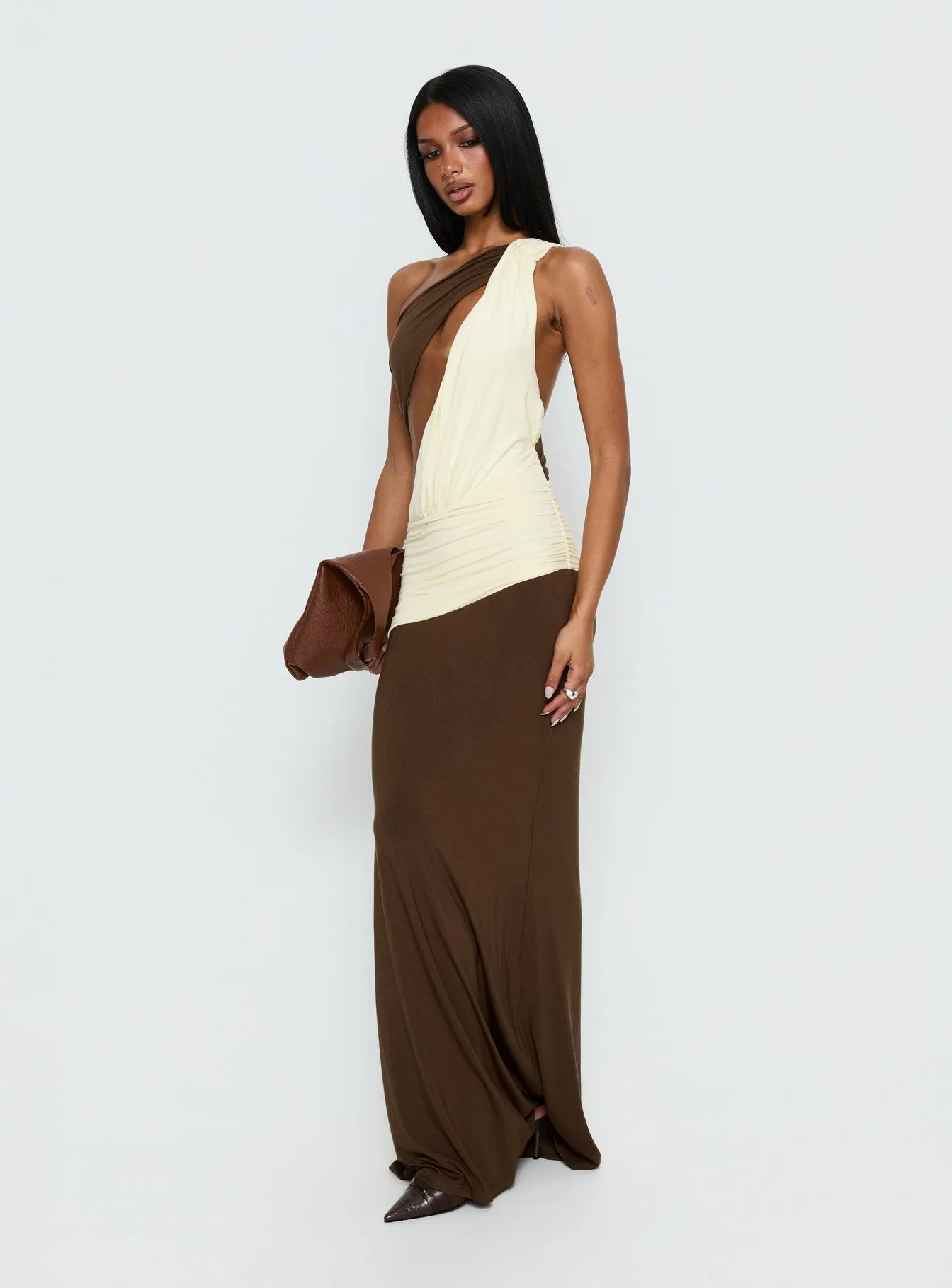 Loletta Draped One Shoulder Maxi Dress Chocolate / Yellow sold by Princess Polly product image thumbnail 4