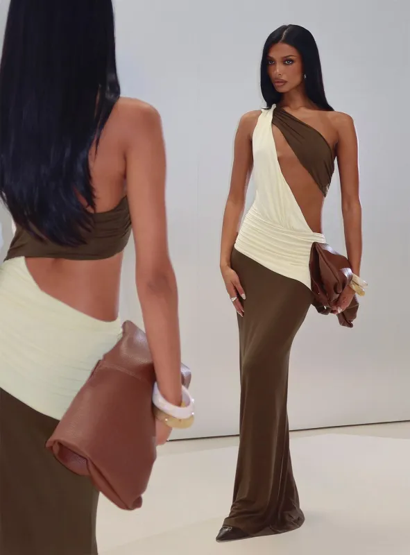 Loletta Draped One Shoulder Maxi Dress Chocolate / Yellow made by Princess Polly