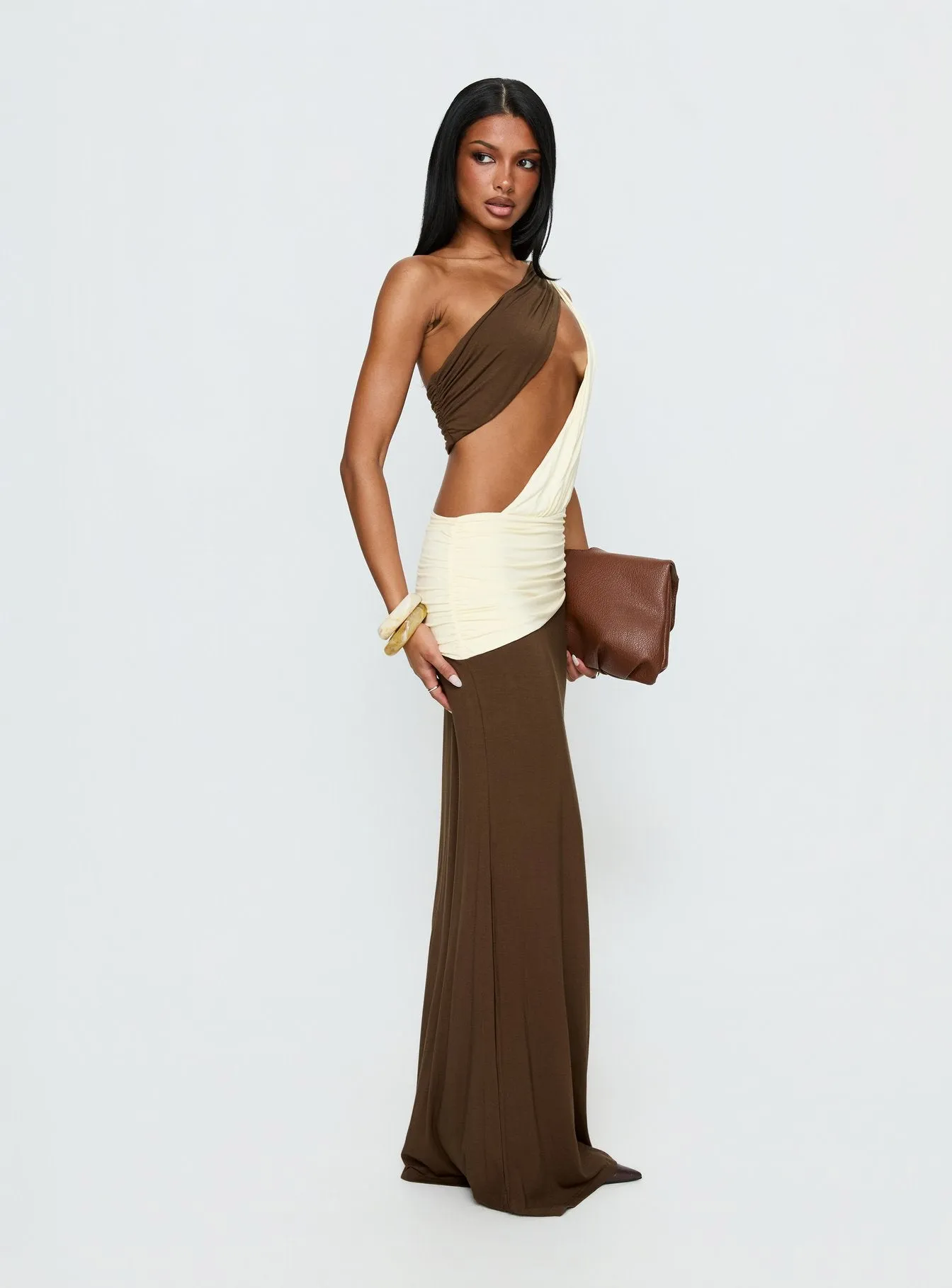 Loletta Draped One Shoulder Maxi Dress Chocolate / Yellow sold by Princess Polly product image thumbnail 5