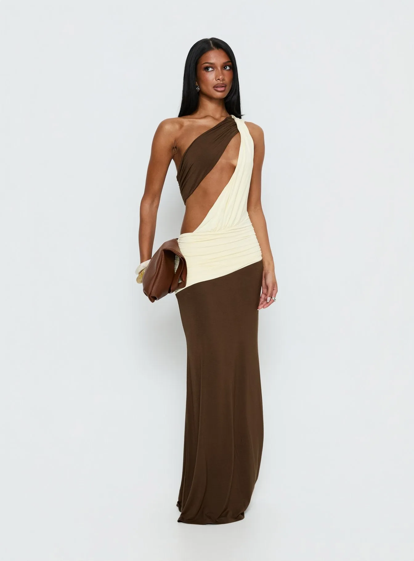 Loletta Draped One Shoulder Maxi Dress Chocolate / Yellow sold by Princess Polly product image thumbnail 2