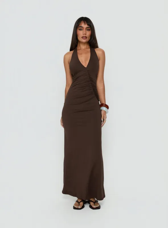 Cadira Ruched Halter Maxi Dress Chocolate made by Princess Polly