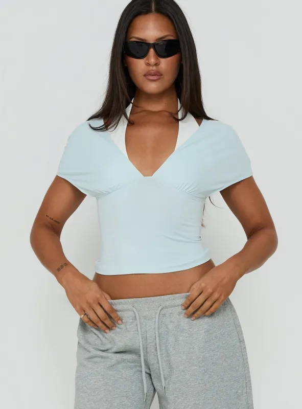 Beea Layered Halter Short Sleeve Top Blue / White made by Princess Polly
