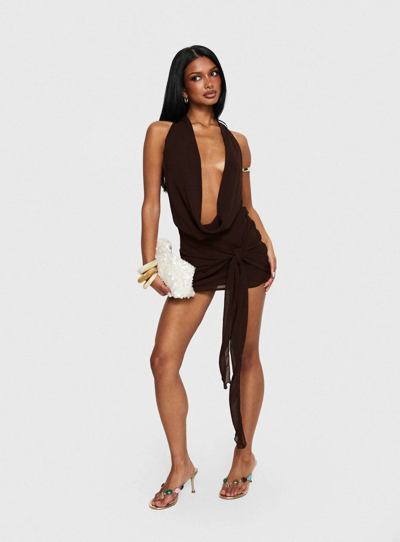 Snakepit Halter Plunge Mini Dress Chocolate sold by Princess Polly