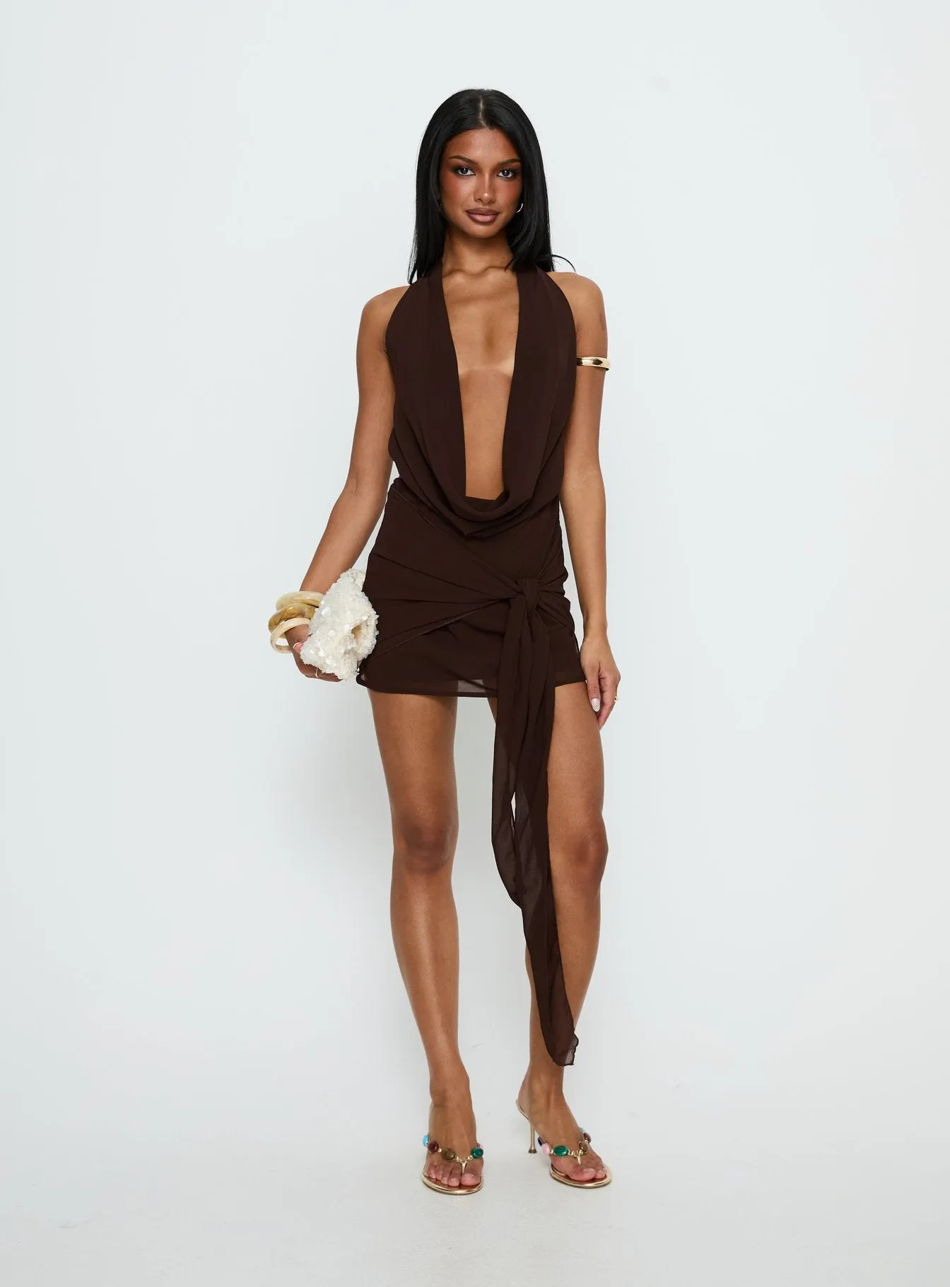 Snakepit Halter Plunge Mini Dress Chocolate sold by Princess Polly product image thumbnail 3