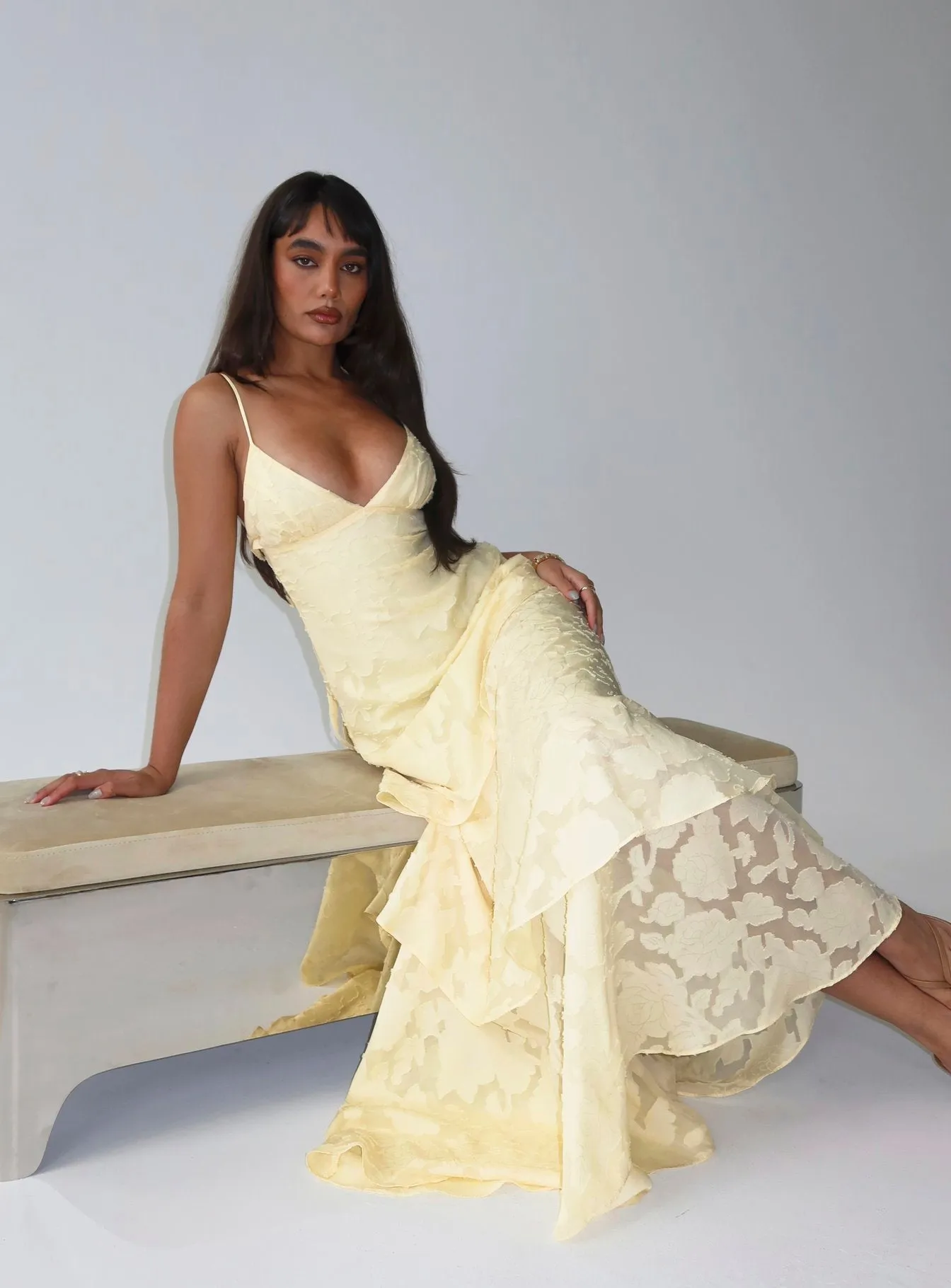 Lyricah Tiered Tie Back Maxi Dress Yellow sold by Princess Polly
