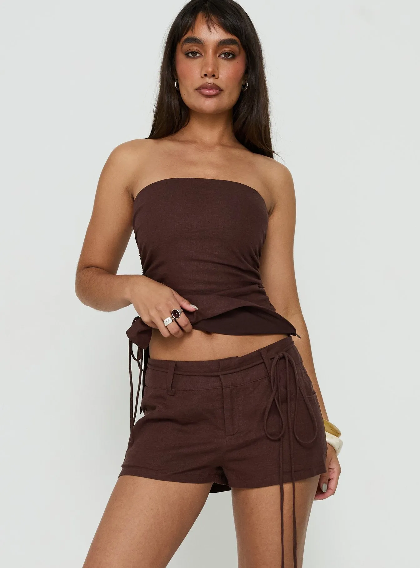Lylie Linen Blend Tie Side Micro Shorts Brown sold by Princess Polly product image thumbnail 2