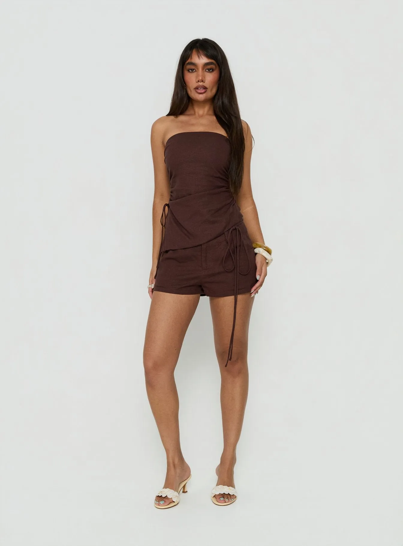 Lylie Linen Blend Tie Side Micro Shorts Brown sold by Princess Polly product image thumbnail 3