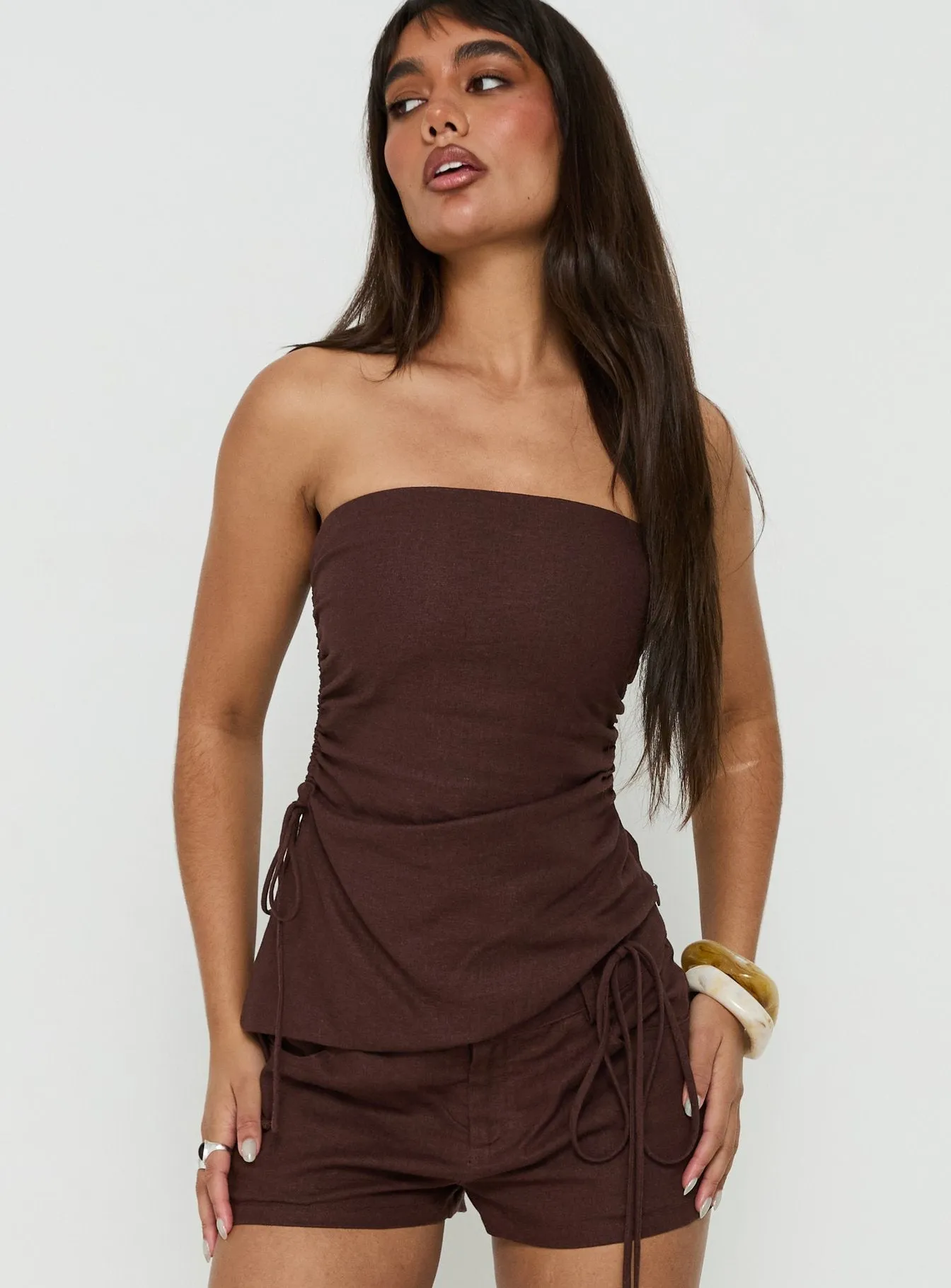 Defined Strapless Gathered Linen Blend Top Brown sold by Princess Polly product image thumbnail 2