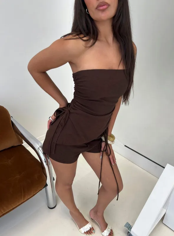 Defined Strapless Gathered Linen Blend Top Brown made by Princess Polly