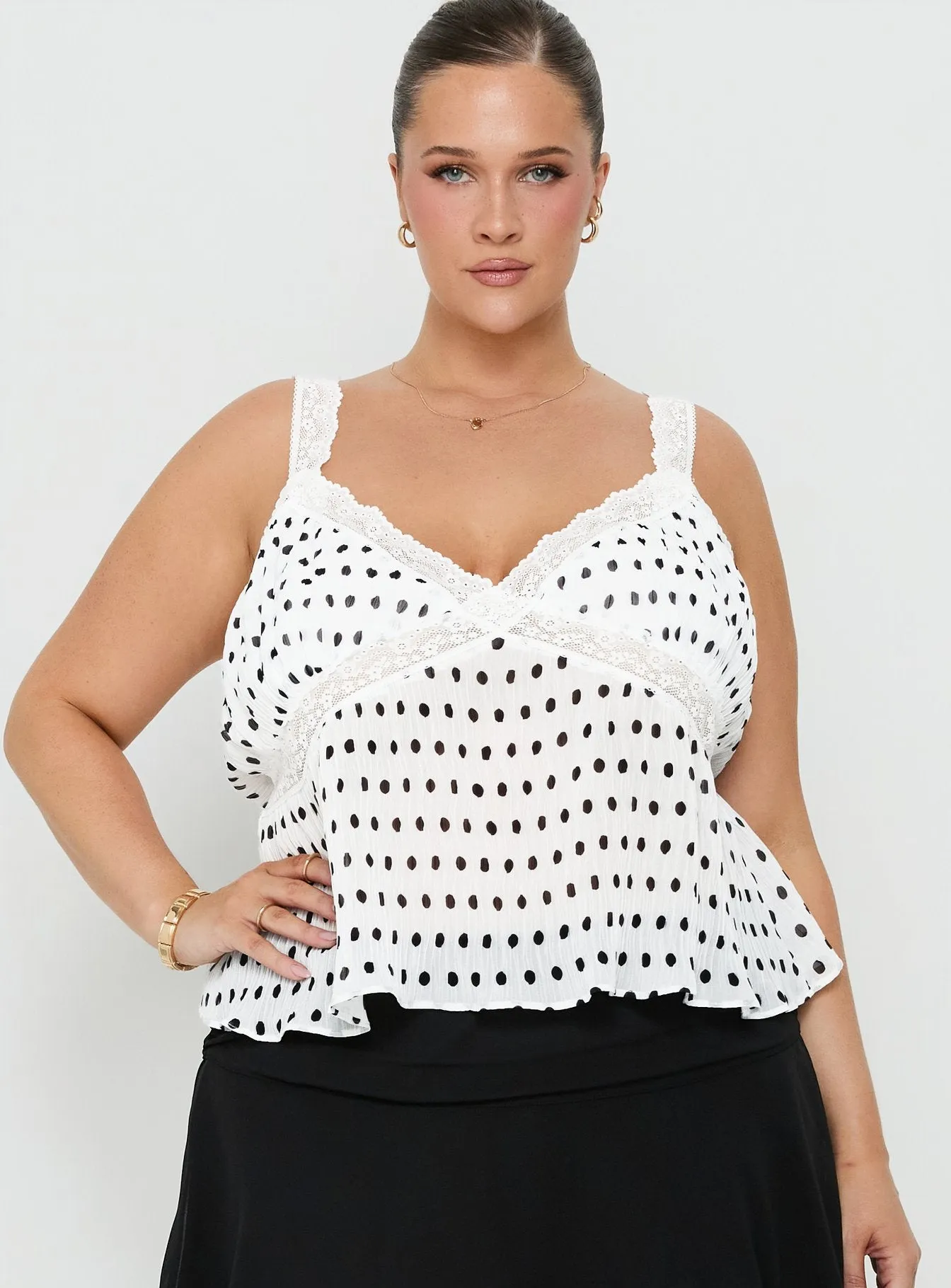 Raydon Lace Trim Cami Top White / Black Polka Curve sold by Princess Polly product image thumbnail 2