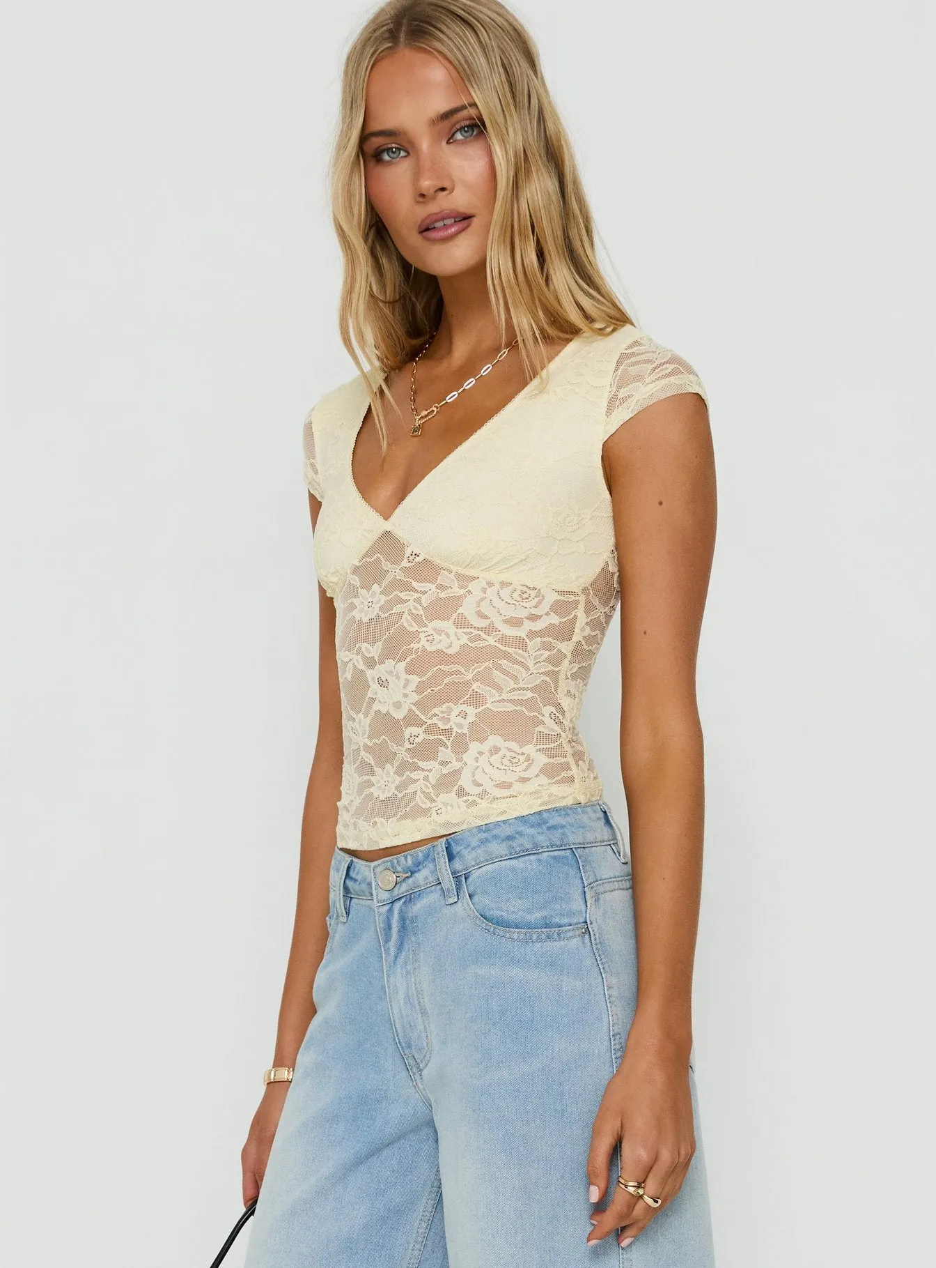 Zandie Textured V Neck Short Sleeve Top Cream sold by Princess Polly product image thumbnail 4
