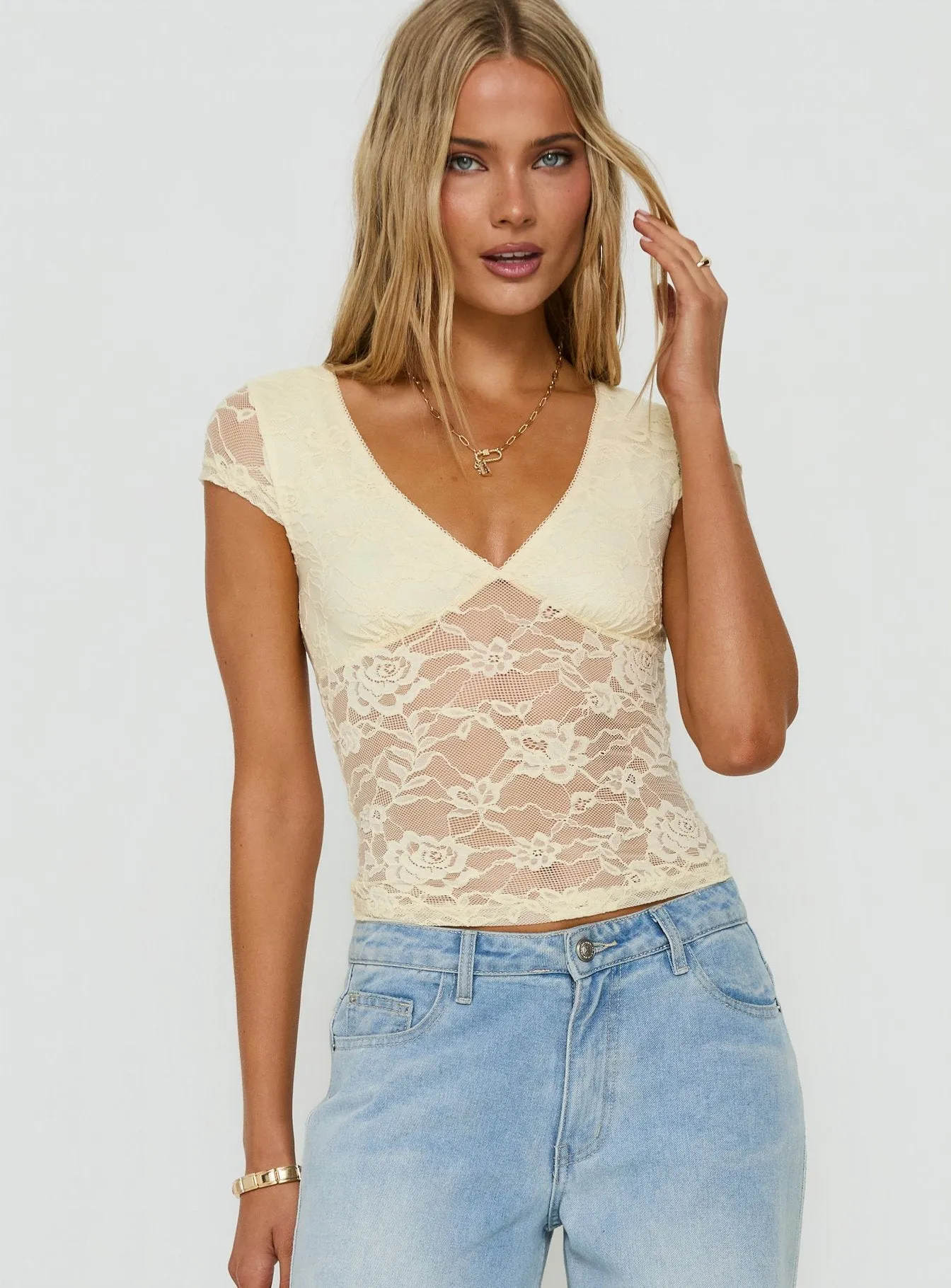 Zandie Textured V Neck Short Sleeve Top Cream sold by Princess Polly product image thumbnail 2
