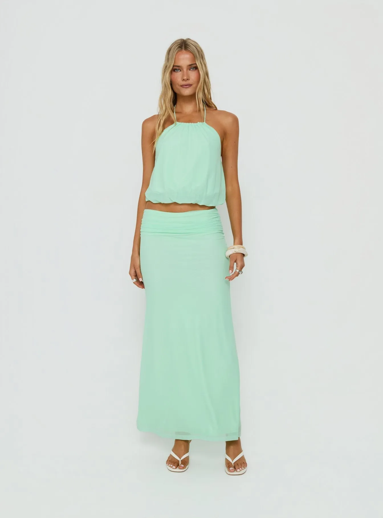 Wild Dune Ruched Waist Maxi Skirt Green sold by Princess Polly product image thumbnail 2
