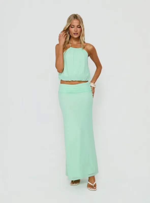 Wild Dune Ruched Waist Maxi Skirt Green made by Princess Polly
