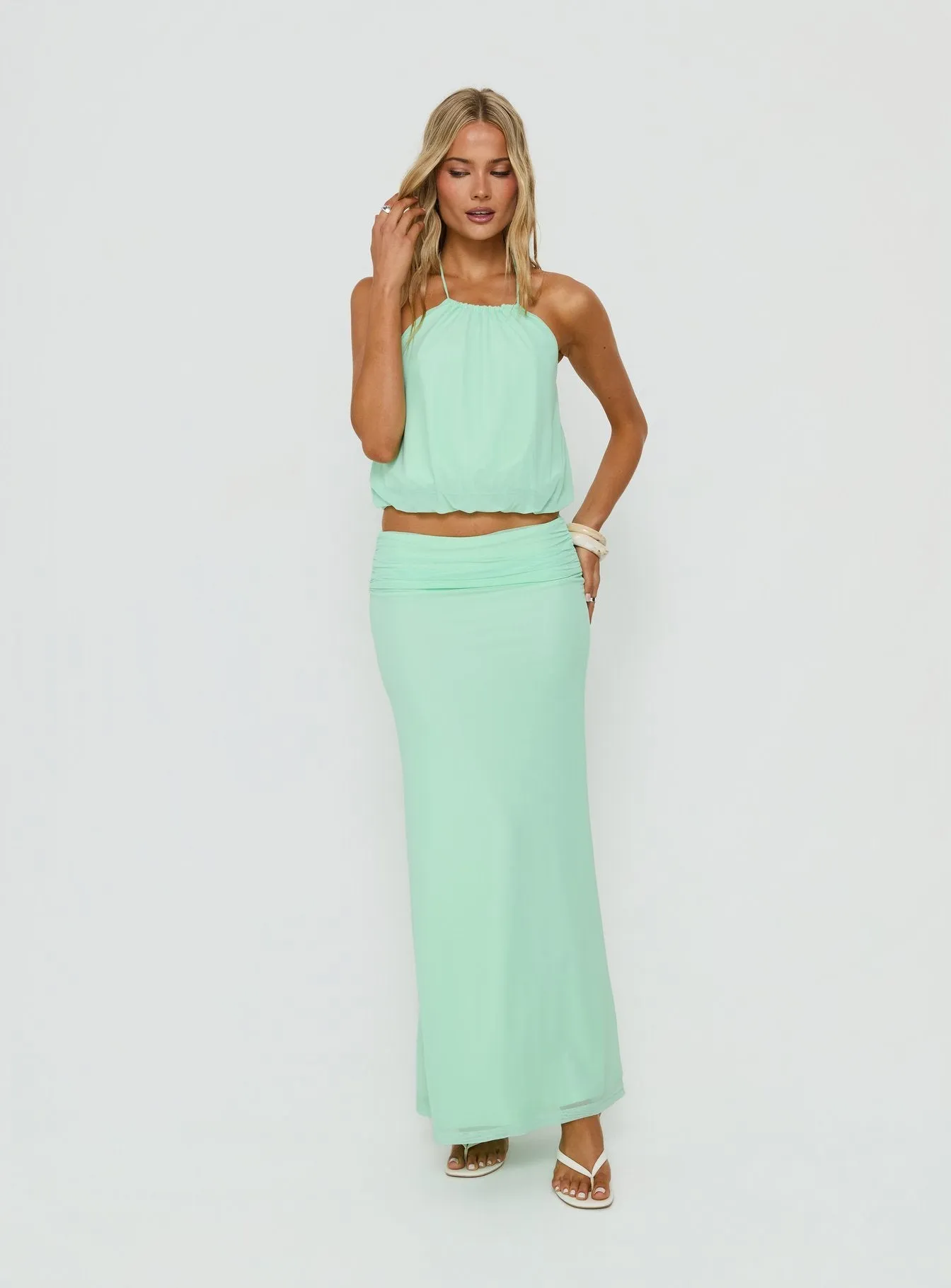 Wild Dune Ruched Waist Maxi Skirt Green sold by Princess Polly