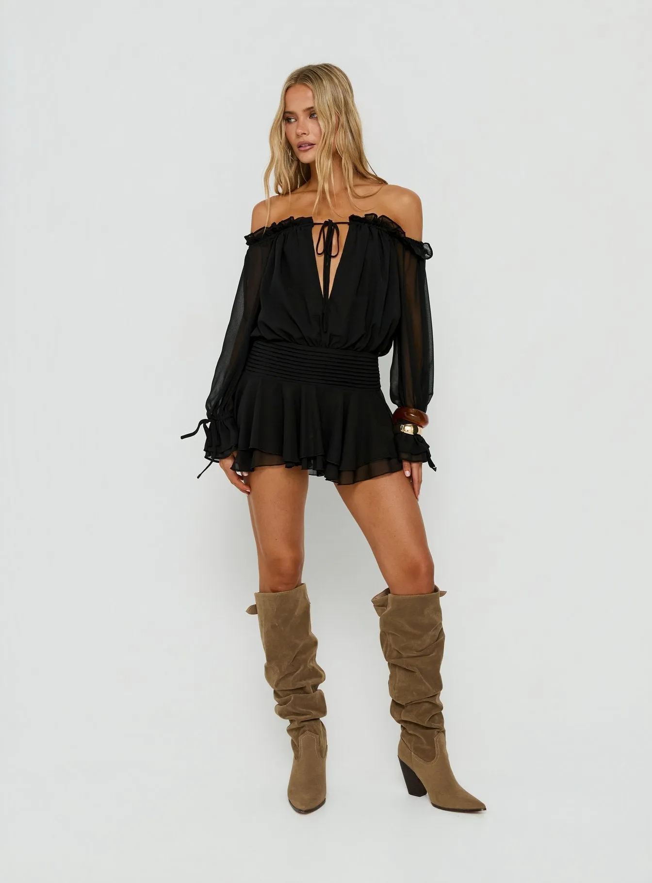 Felicita Off Shoulder Long Sleeve Chiffon Mini Dress Black sold by Princess Polly product image thumbnail 2