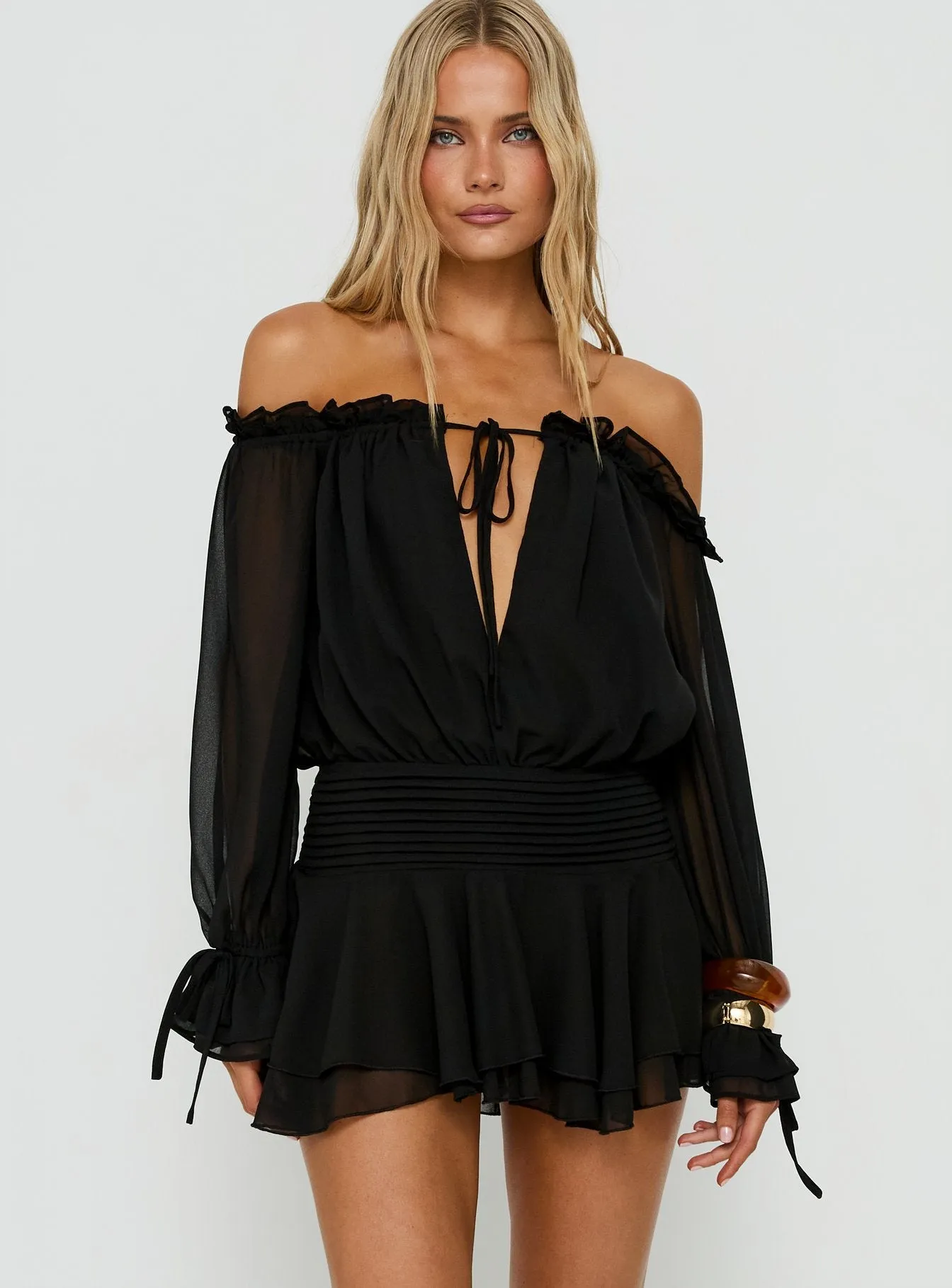 Felicita Off Shoulder Long Sleeve Chiffon Mini Dress Black sold by Princess Polly