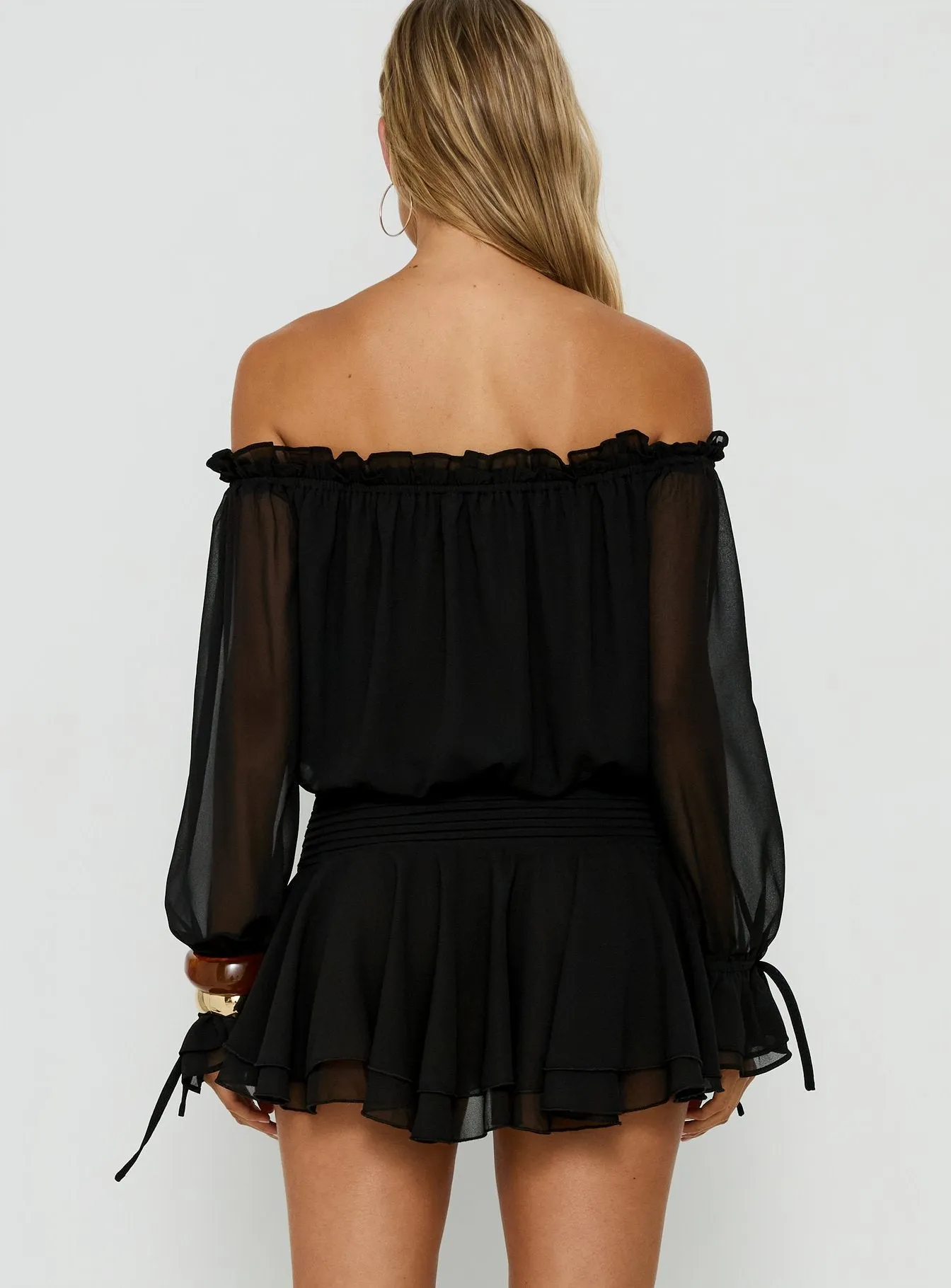 Felicita Off Shoulder Long Sleeve Chiffon Mini Dress Black sold by Princess Polly product image thumbnail 4