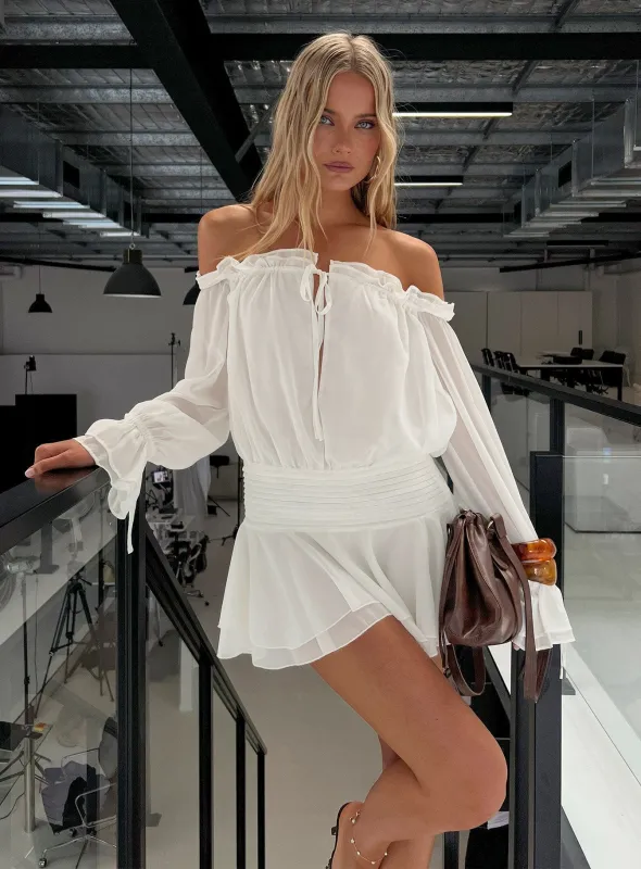 Felicita Off Shoulder Long Sleeve Chiffon Mini Dress Off White made by Princess Polly