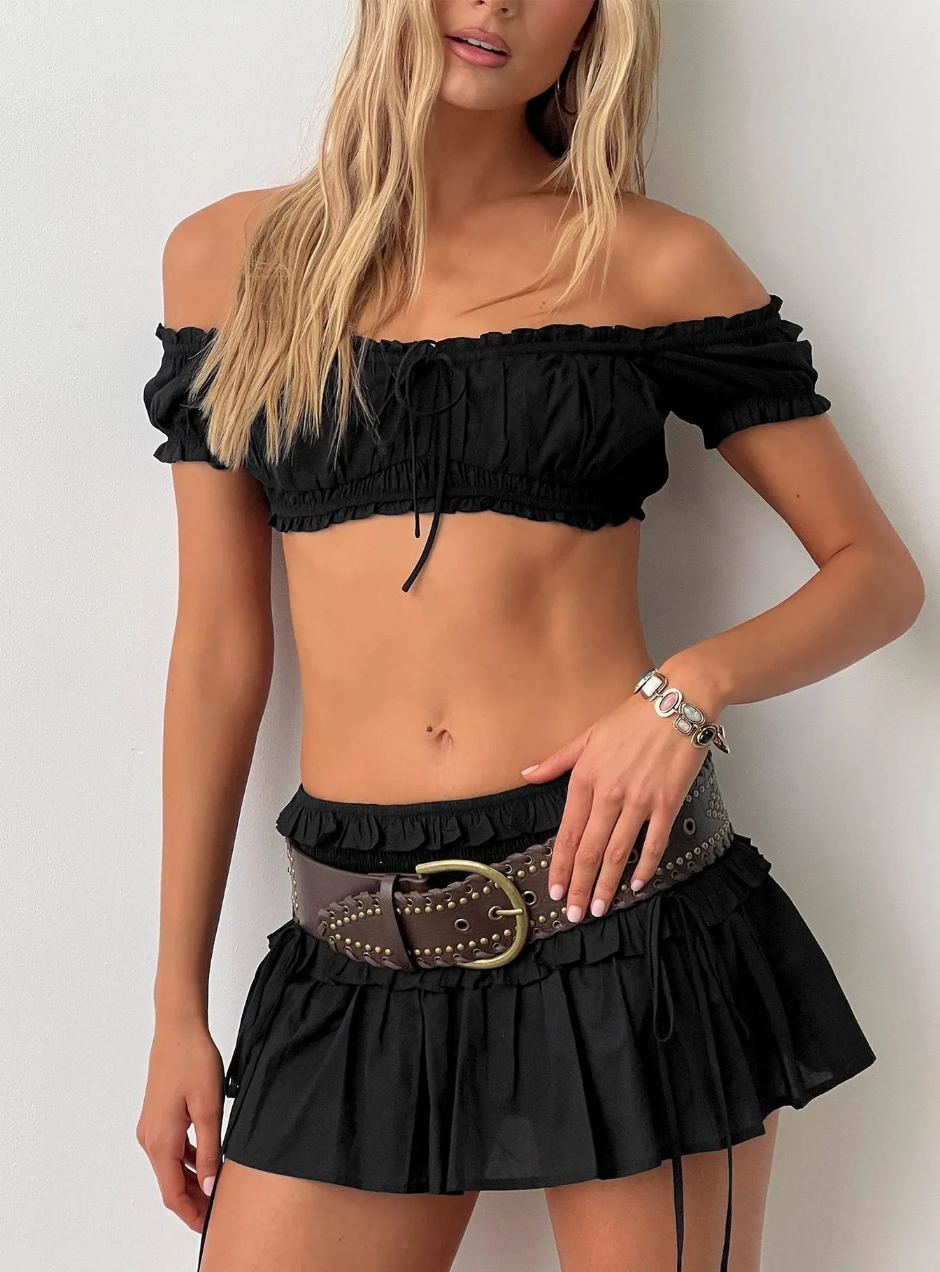 Corabel Off Shoulder Micro Crop Top Black sold by Princess Polly