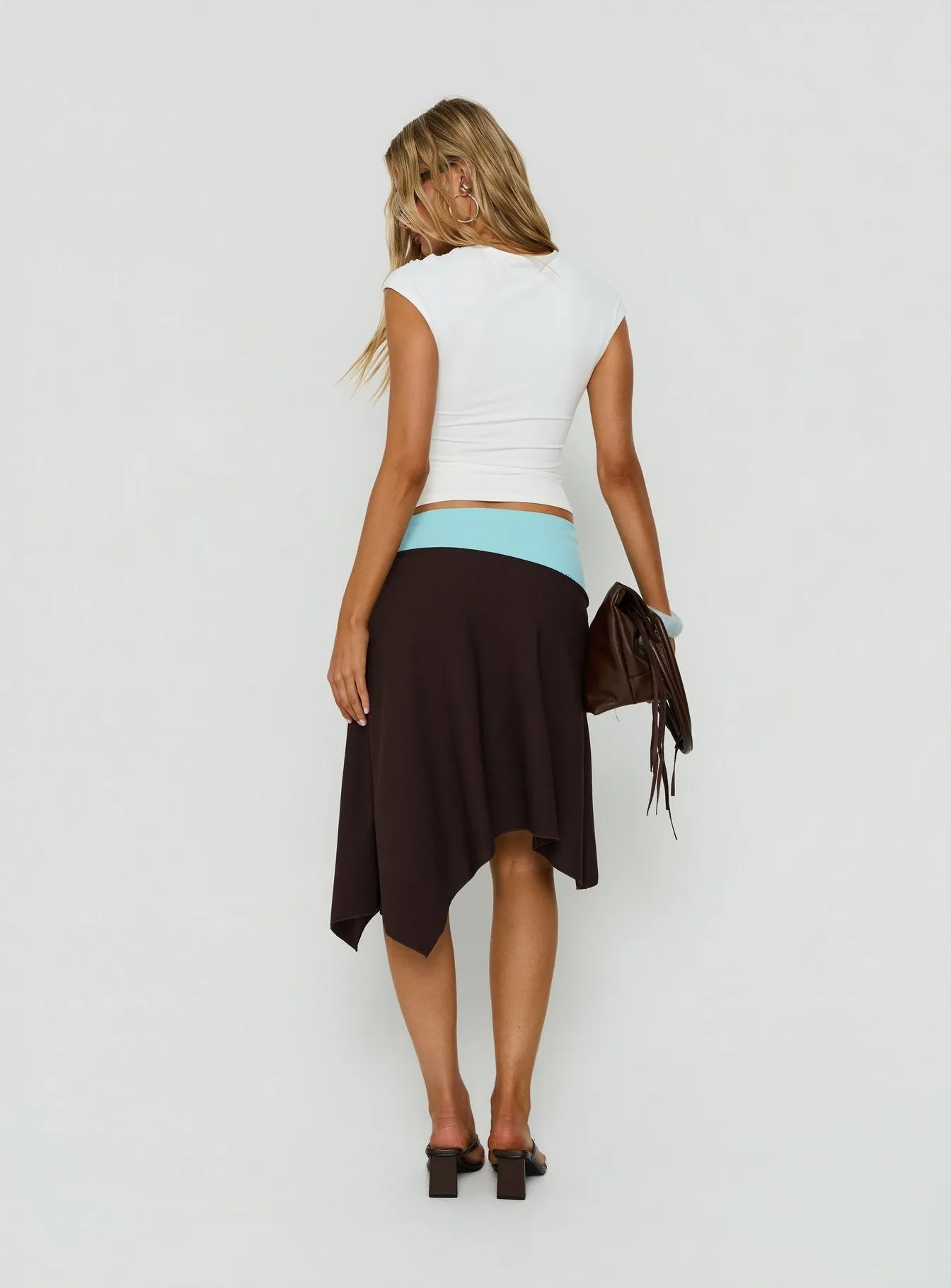 Suave Asymmetrical Contrast Midi Skirt Brown / Aqua sold by Princess Polly product image thumbnail 5