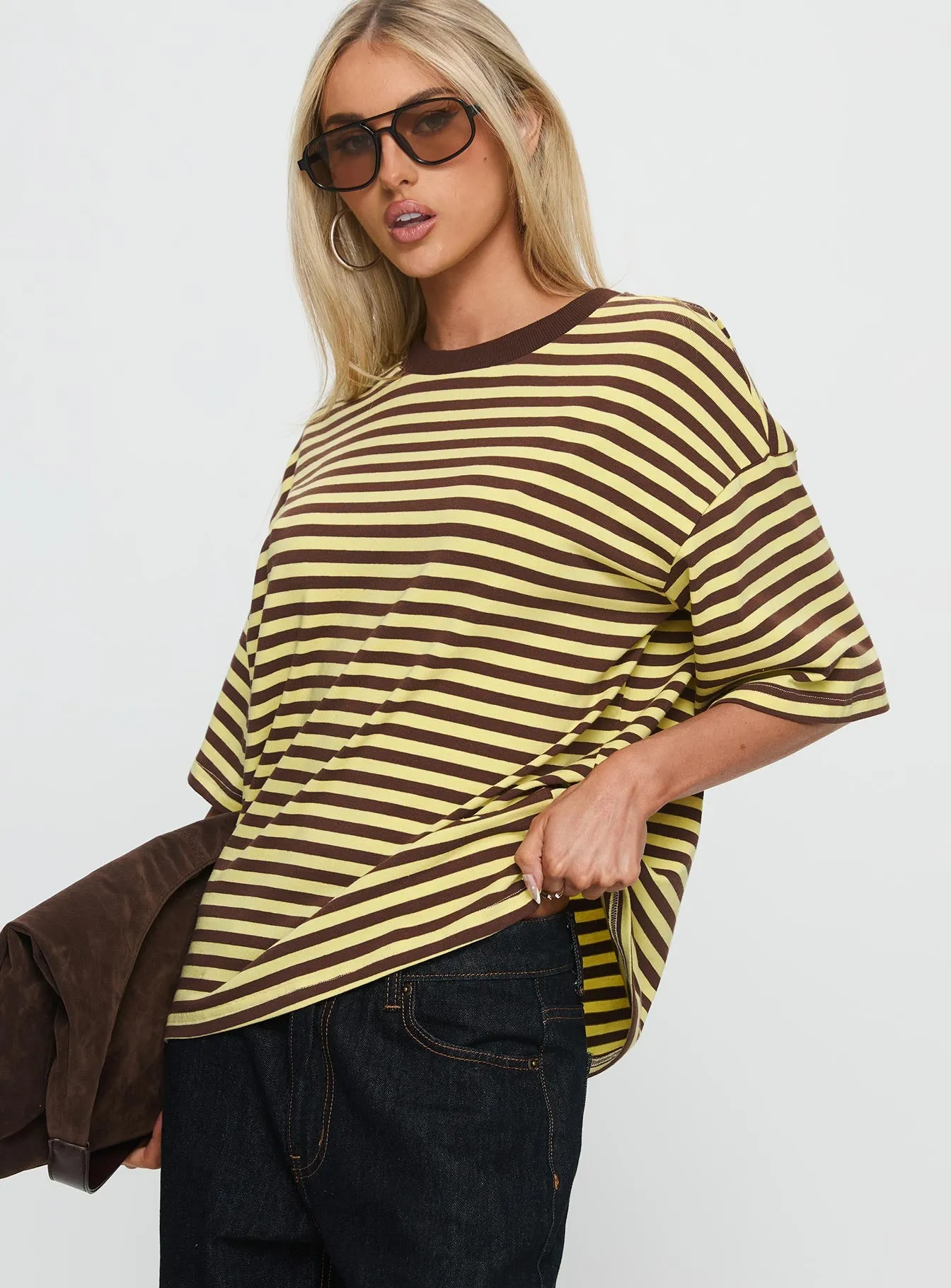 Settle Down Short Sleeve Top Yellow / Brown Stripe sold by Princess Polly product image thumbnail 4