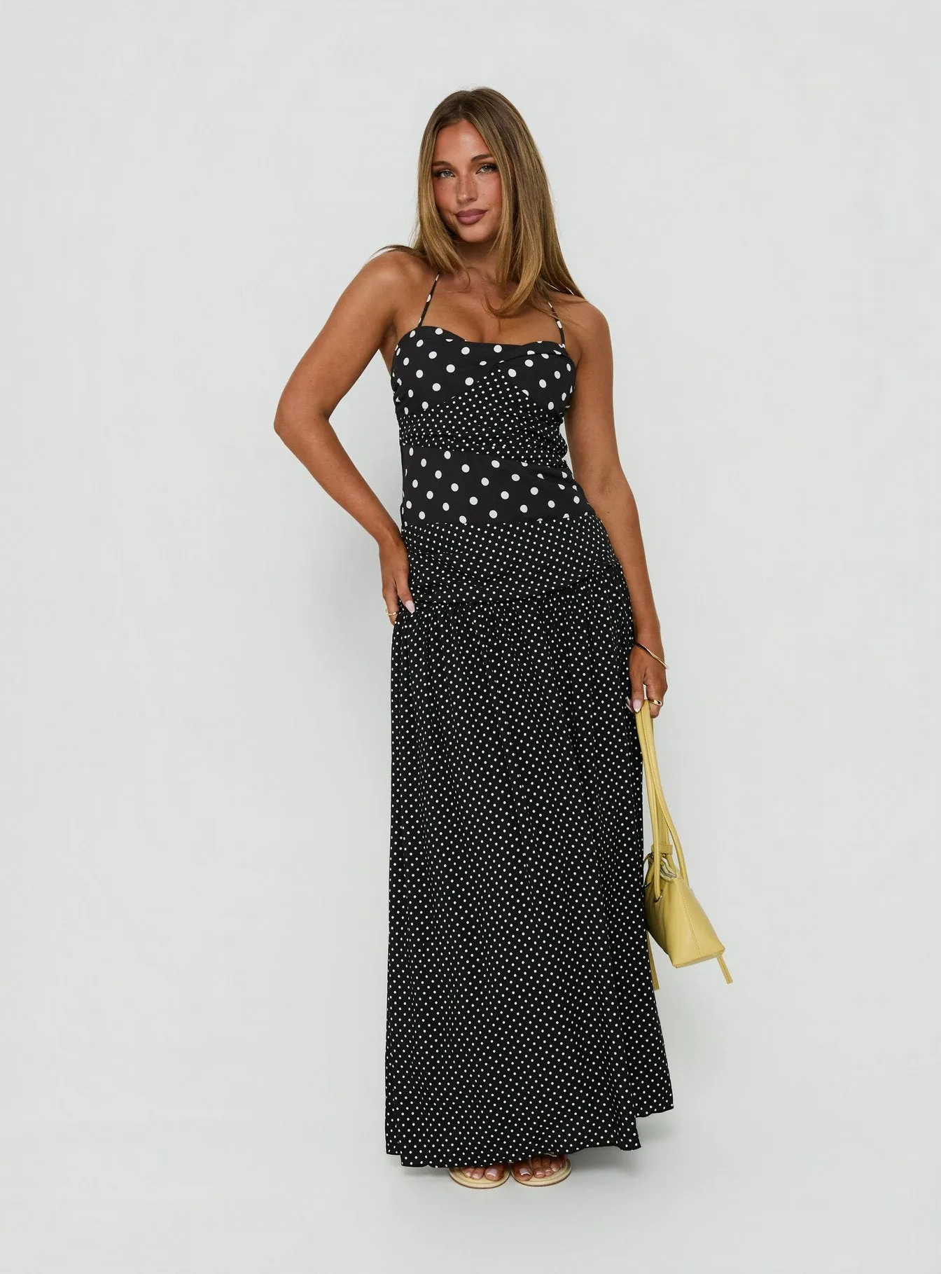 Marguerite Halter Maxi Dress Black / White Polka Dot sold by Princess Polly