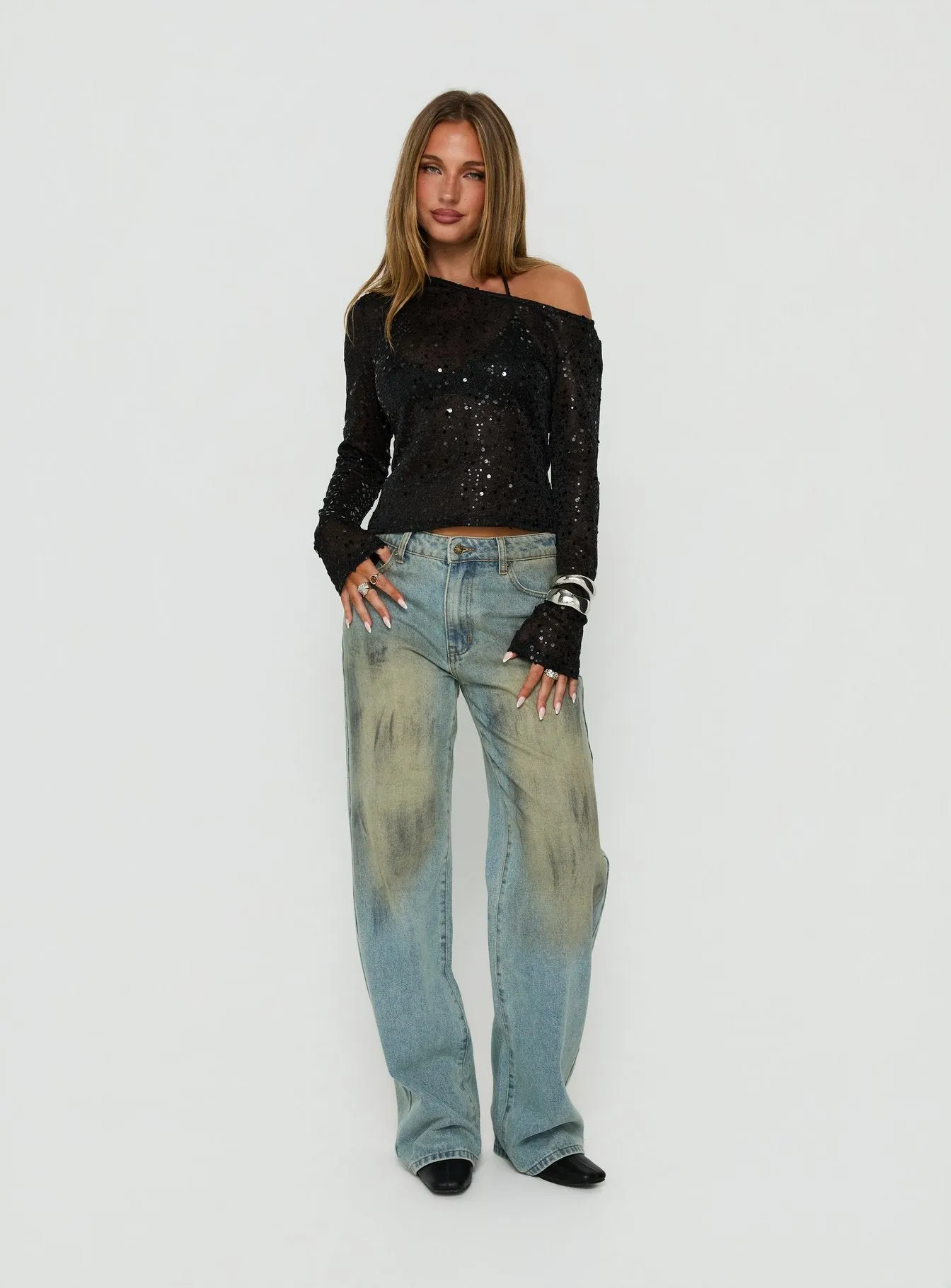 Odena Layered Sequin Long Sleeve Top Black sold by Princess Polly product image thumbnail 3