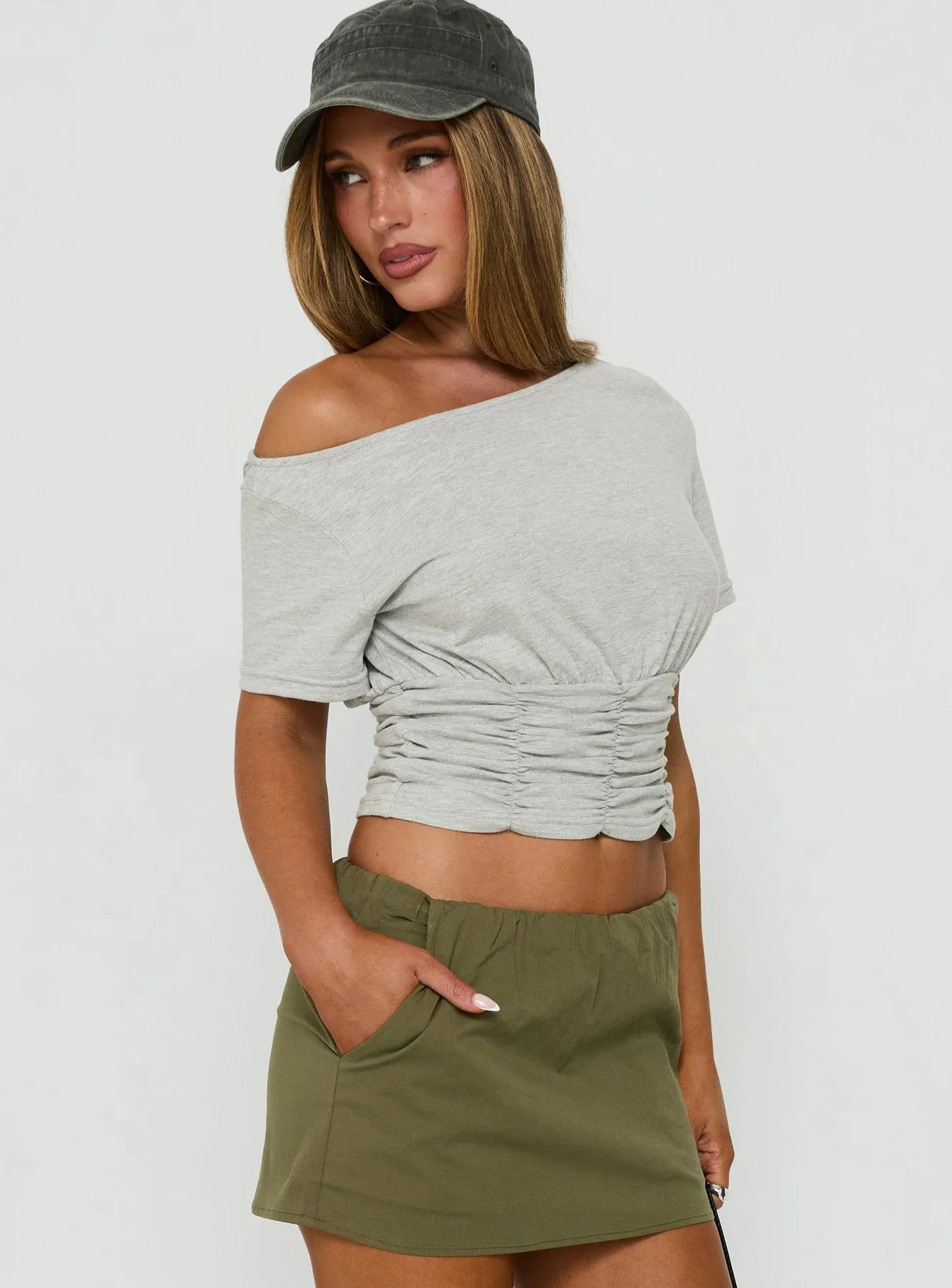 Delmira Off Shoulder Cinched Top Grey Marle sold by Princess Polly product image thumbnail 4