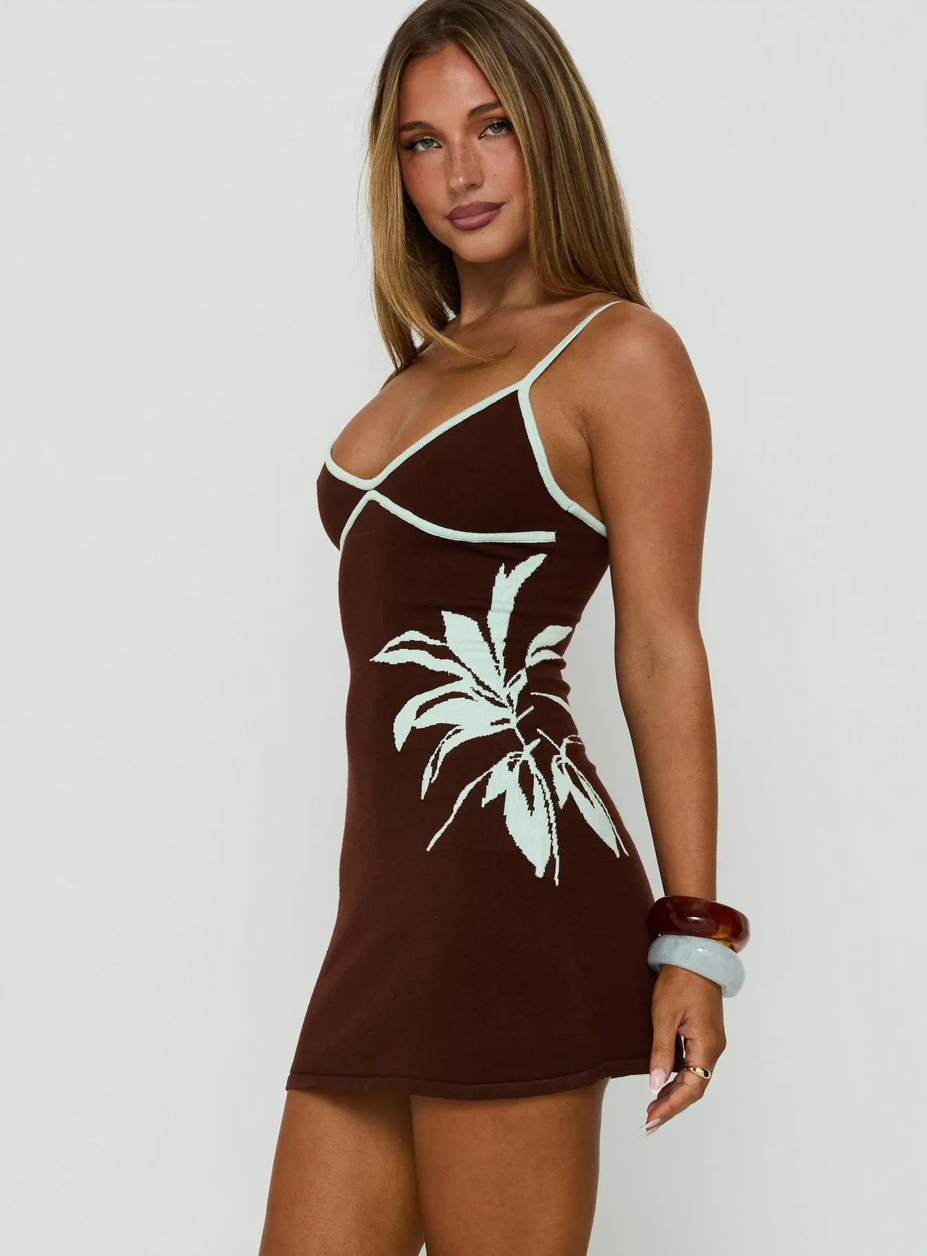 Kaylana Knit Graphic Mini Dress Brown / Blue sold by Princess Polly product image thumbnail 3