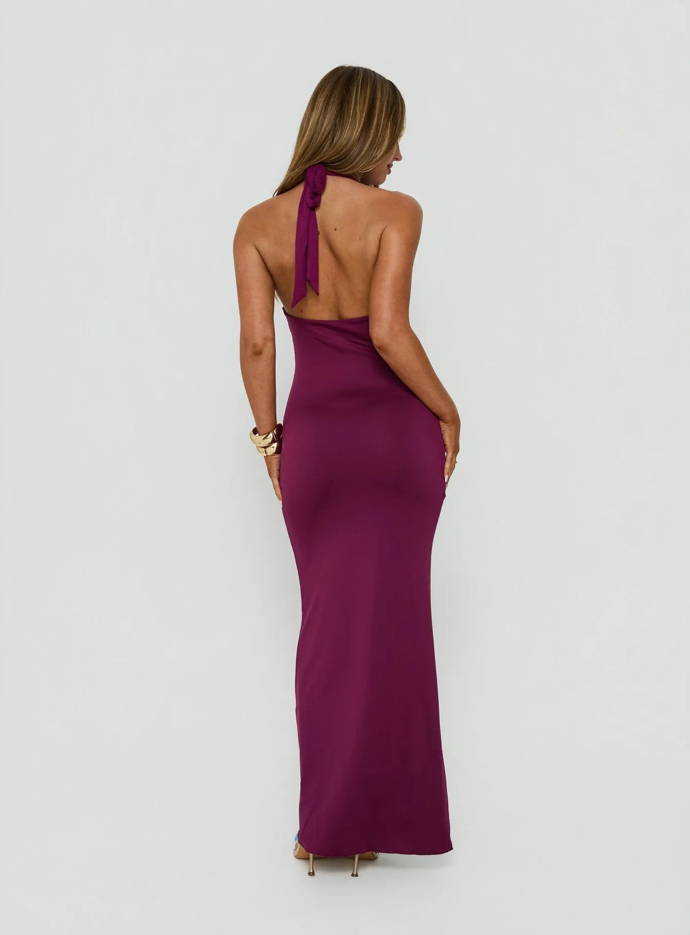 Erene Ruched Halter Maxi Dress Berry sold by Princess Polly product image thumbnail 4