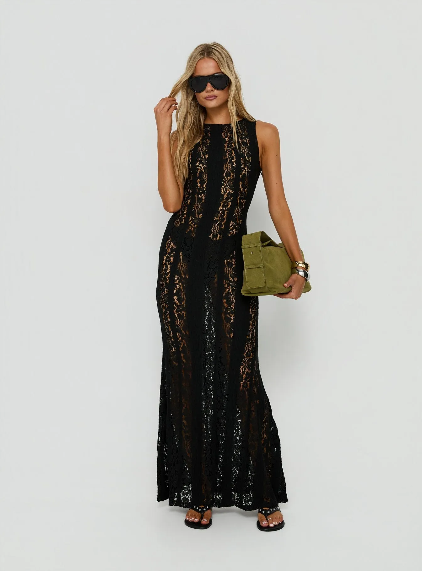 Laurenza Sheer Lace Maxi Dress Black sold by Princess Polly