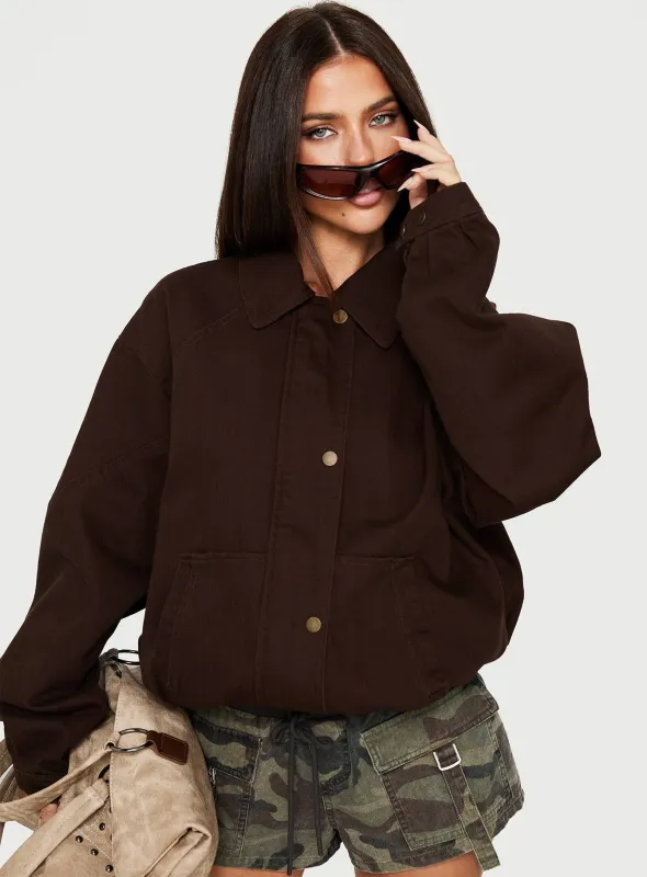 Jaxton Lightweight Denim Jacket Washed Brown made by Princess Polly