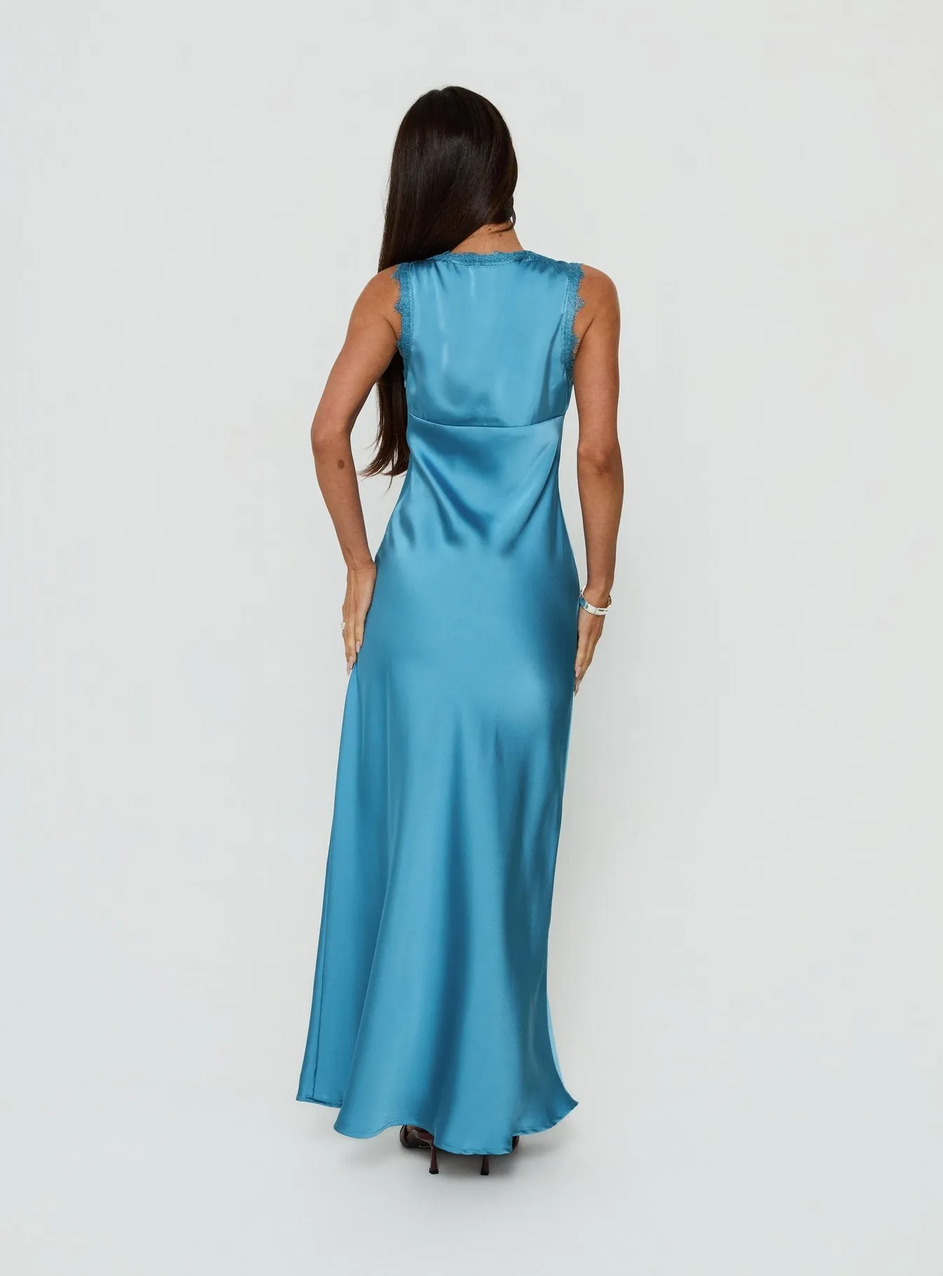 Damelia Tie Detail Lace Trim Maxi Dress Blue sold by Princess Polly product image thumbnail 4