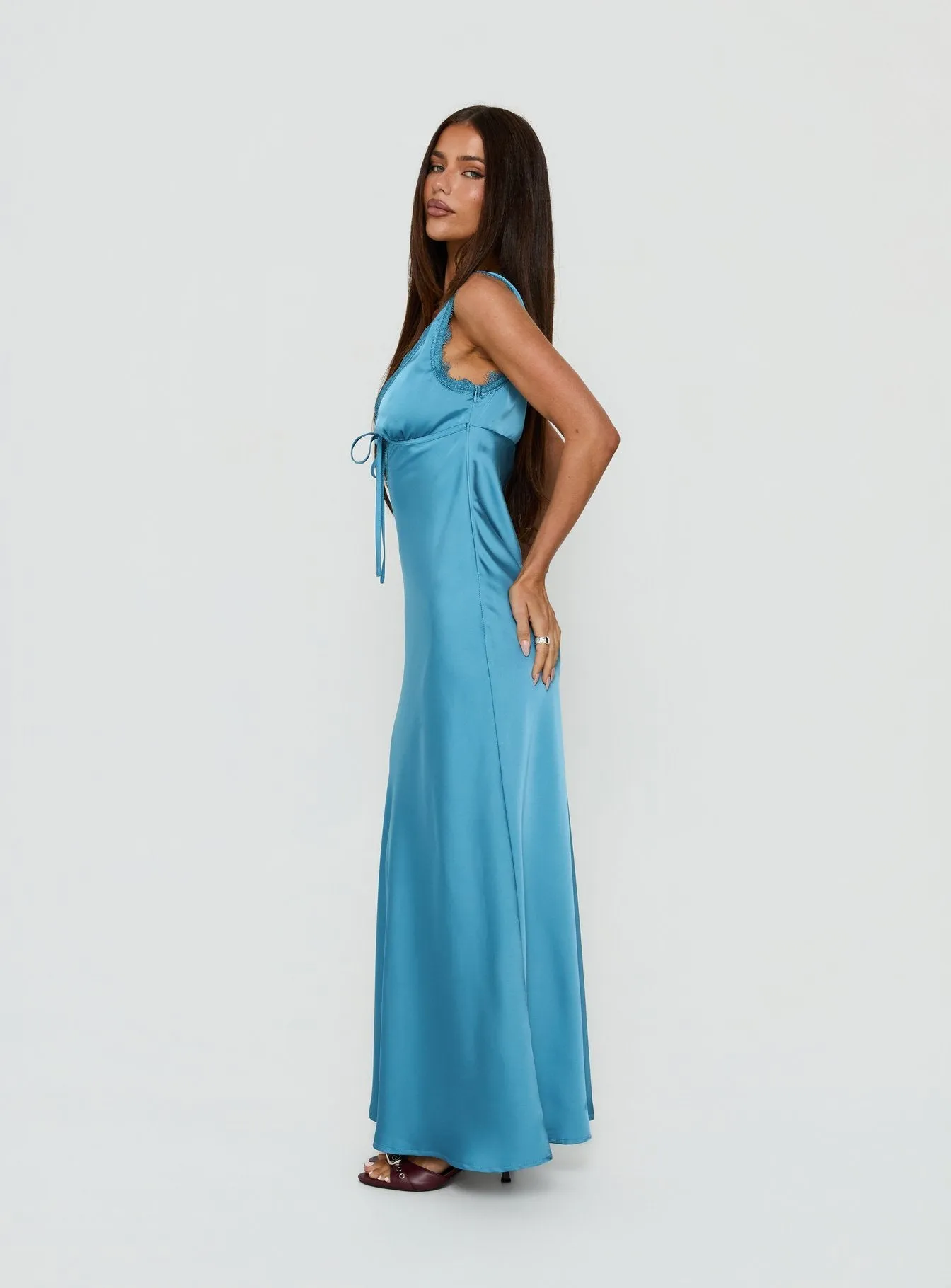 Damelia Tie Detail Lace Trim Maxi Dress Blue sold by Princess Polly product image thumbnail 3